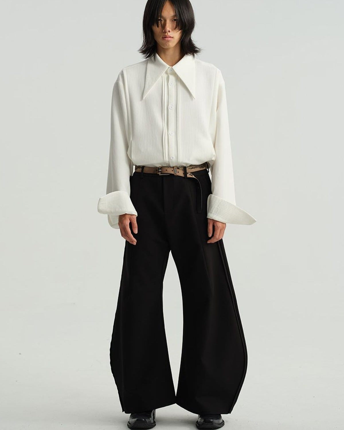 JCAESAR STUDIO Striped Pleated Pointed Collar Shirt in White - On Male Model