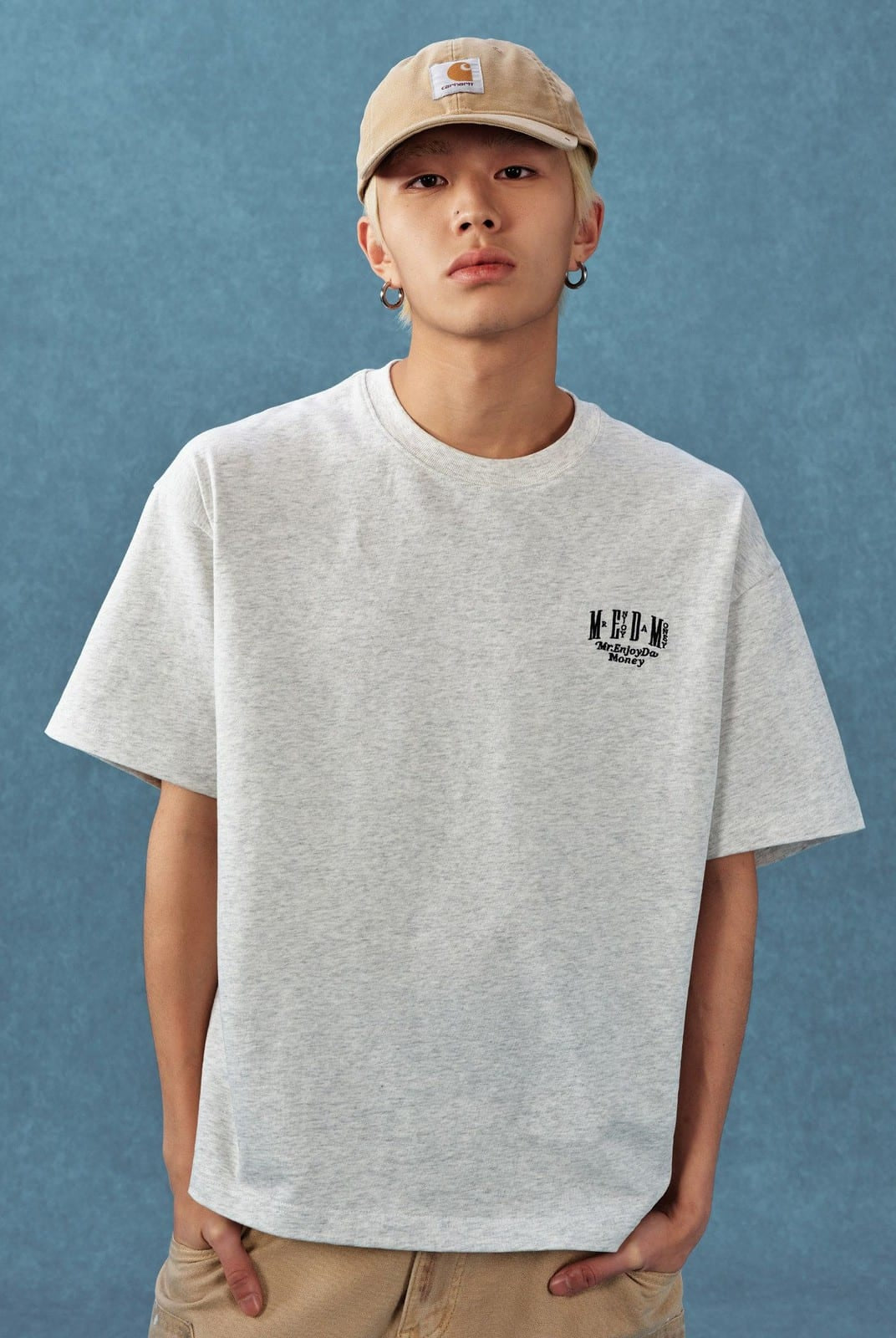 MEDM Letter Embroidery Cotton T Shirt in Gray - On Male Model