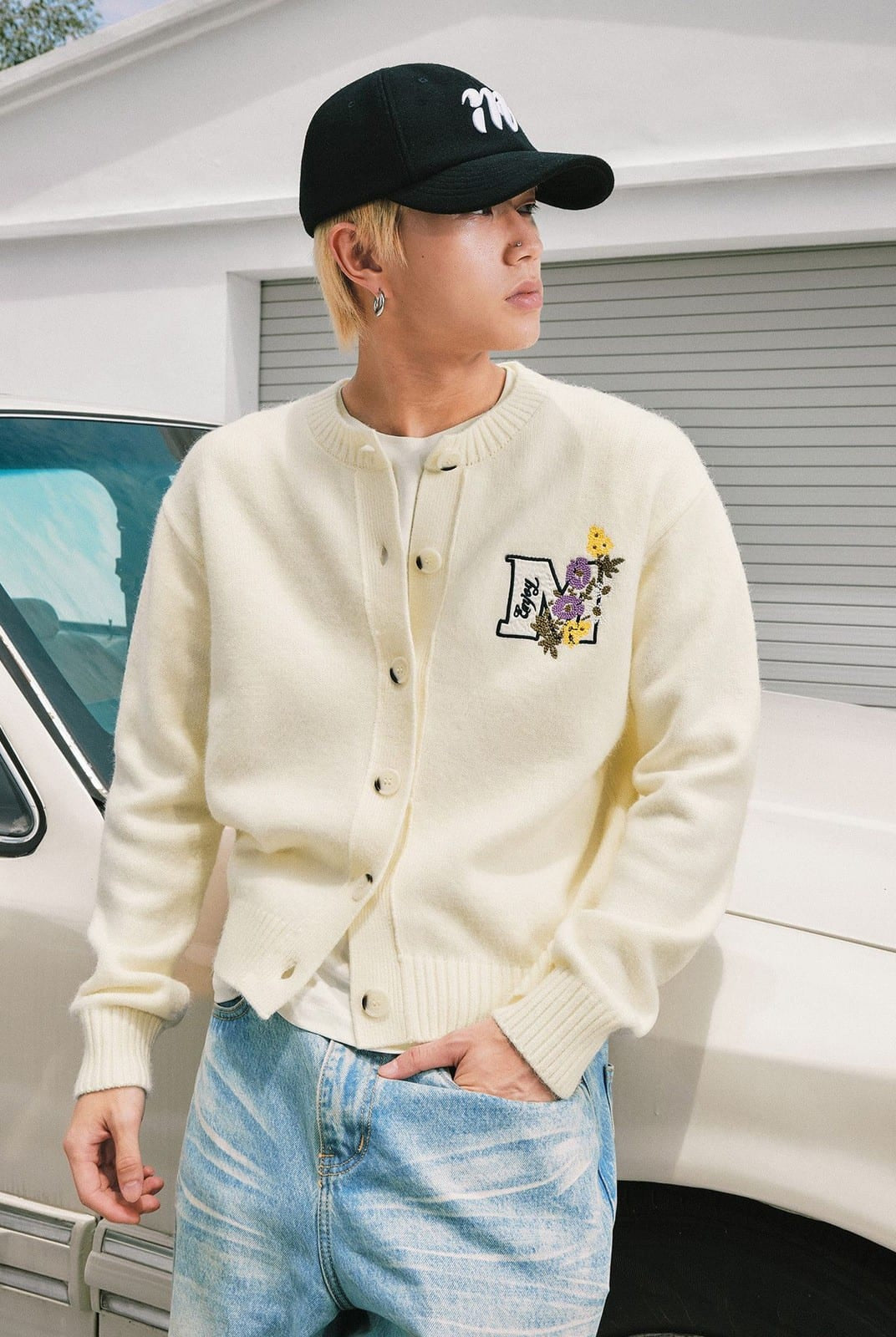 MEDM Floral Embroidered Knit Cardigan in Cream - On Male Model