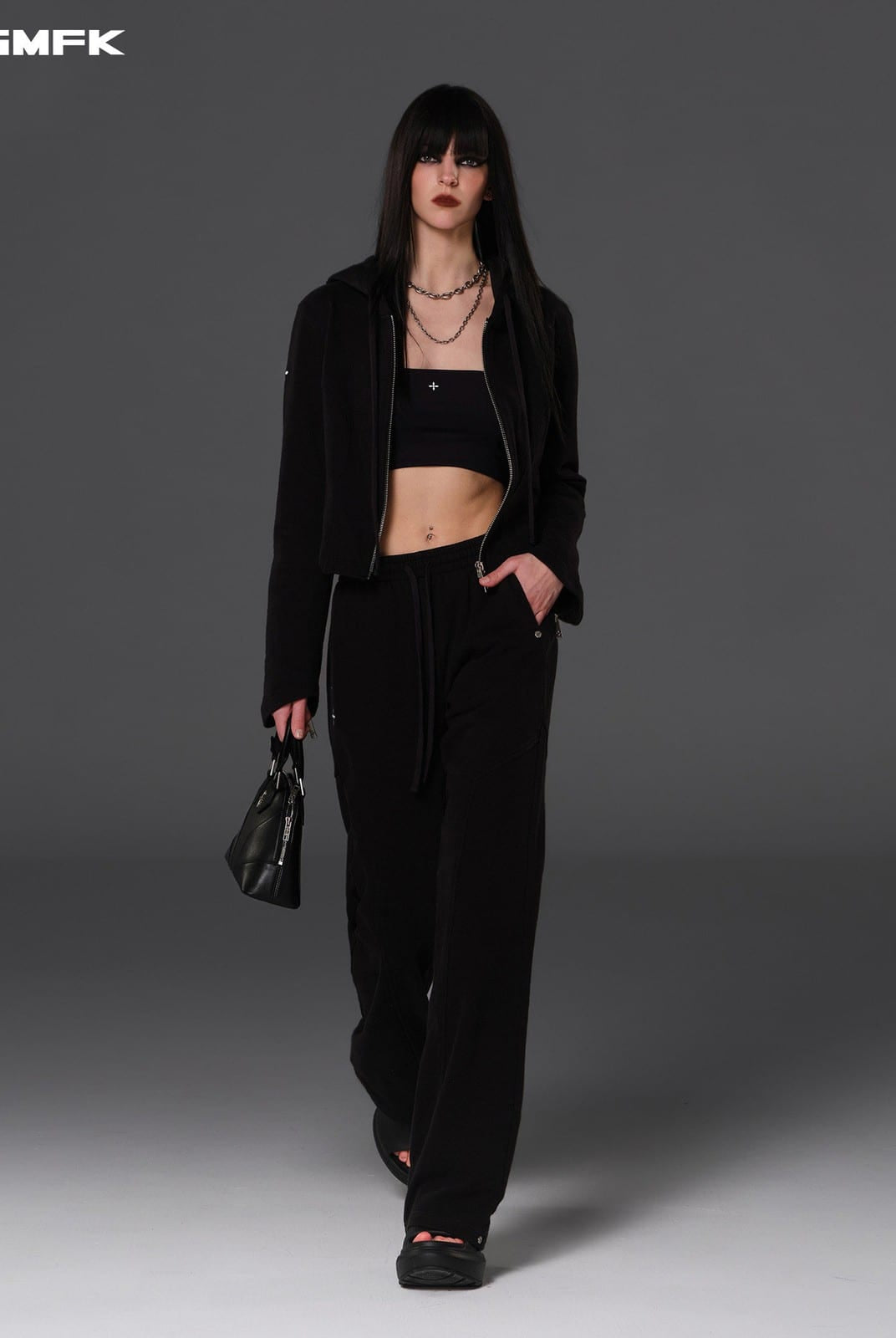 SMFK Cotton Blend Zip Up Hoodie in Black - On Female Model