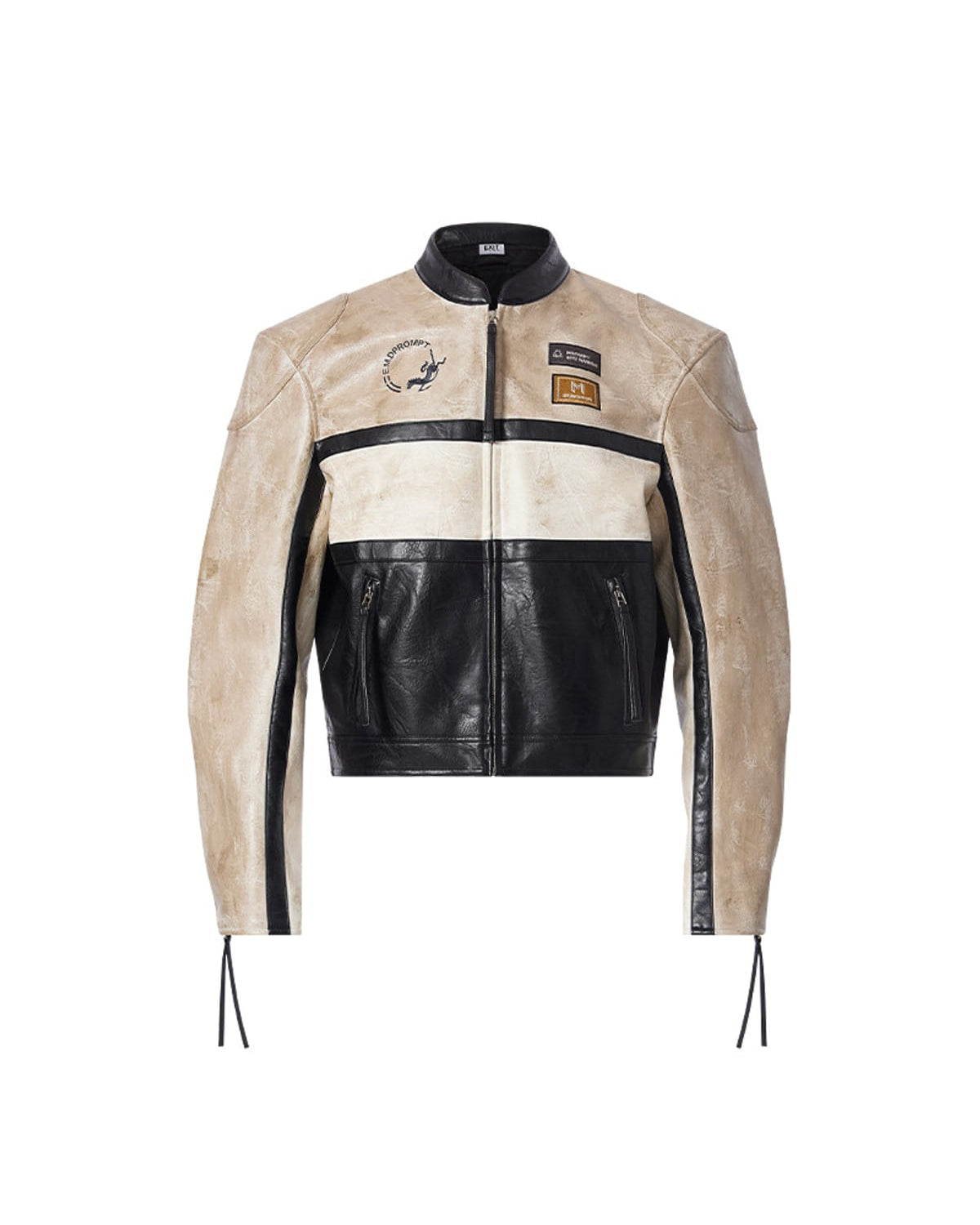 BLINDNOPLAN Cropped Color Block Faux Leather Moto Jacket in Beige