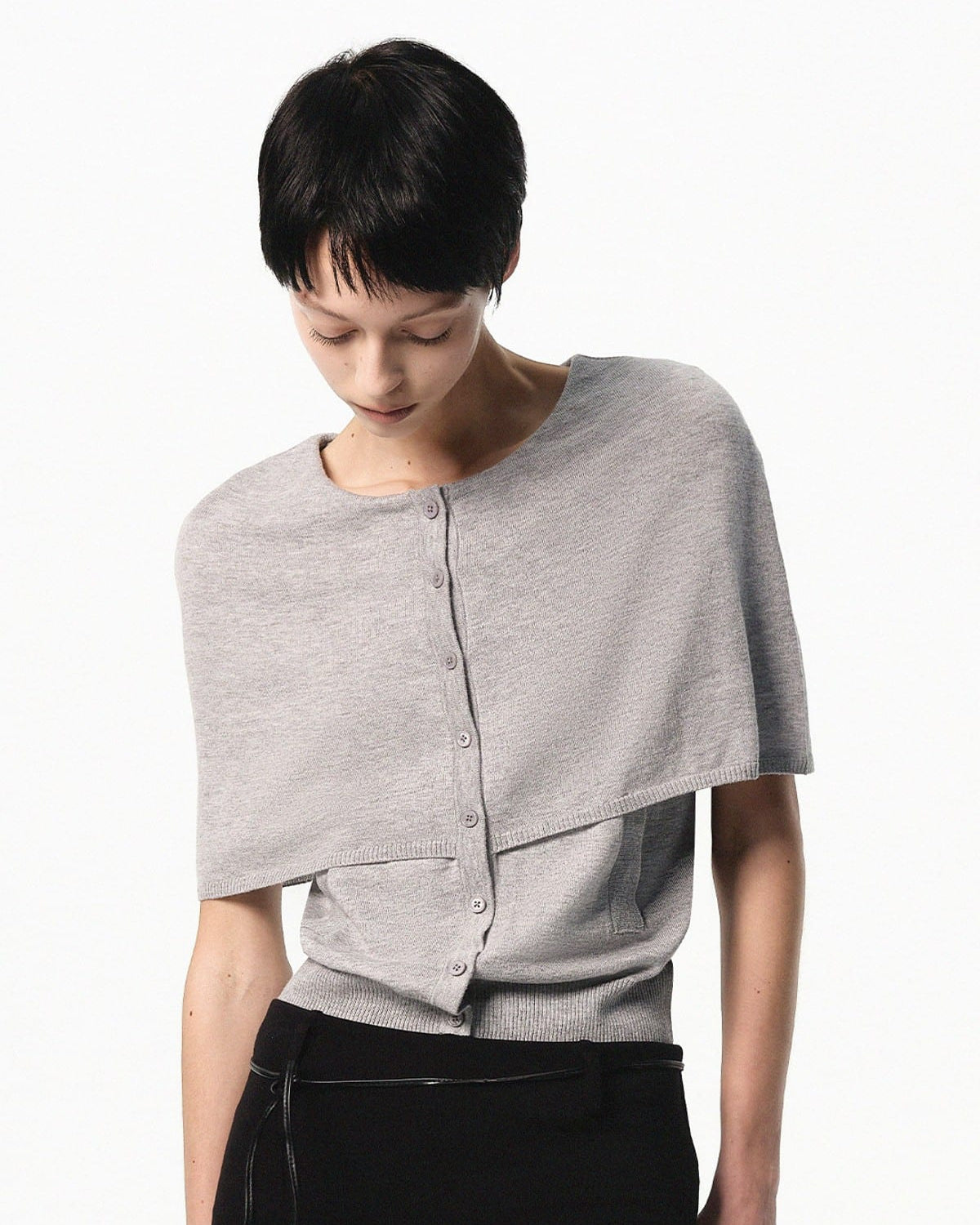 RARELY ALIKE Mock Two Piece Cape Knit Cardigan in Gray - On Female Model