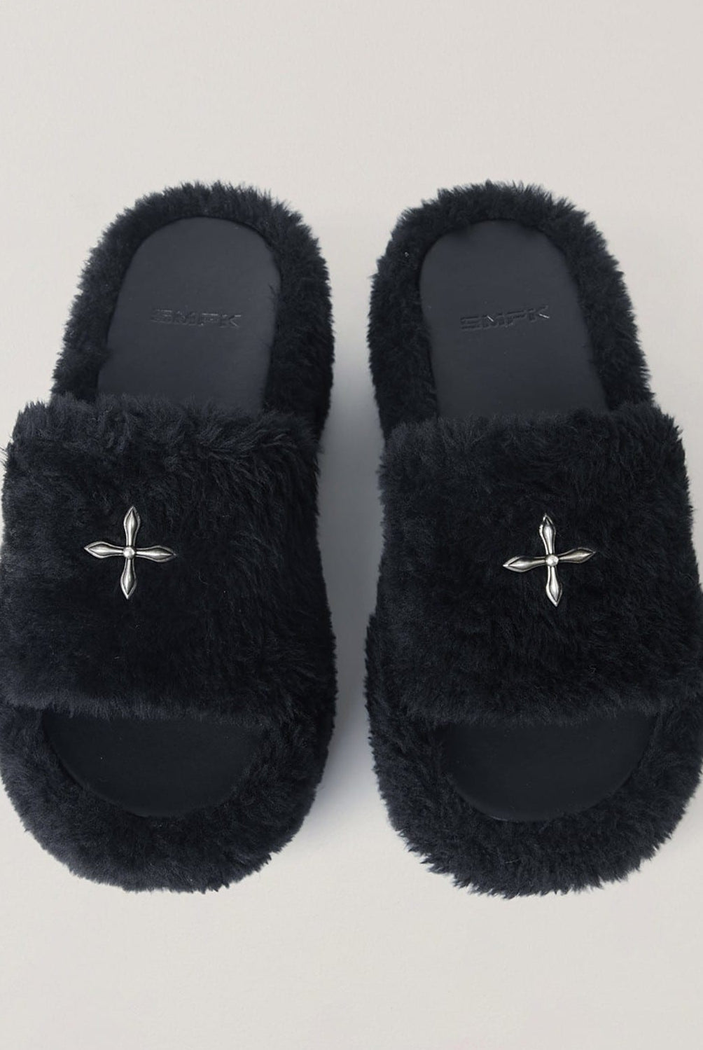 SMFK Cross Hardware Shearling High Heel Mules in Black