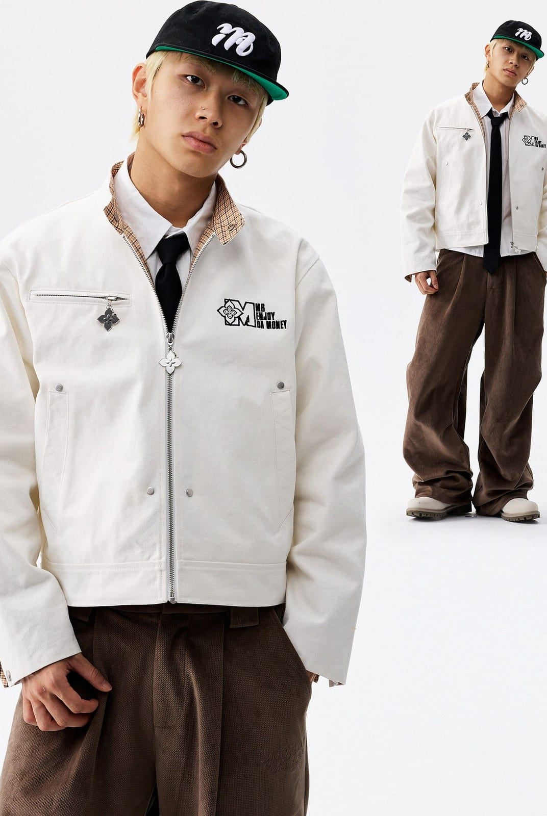 MEDM Plaid Collar Cotton Zip Up Jacket in White - On Male Model