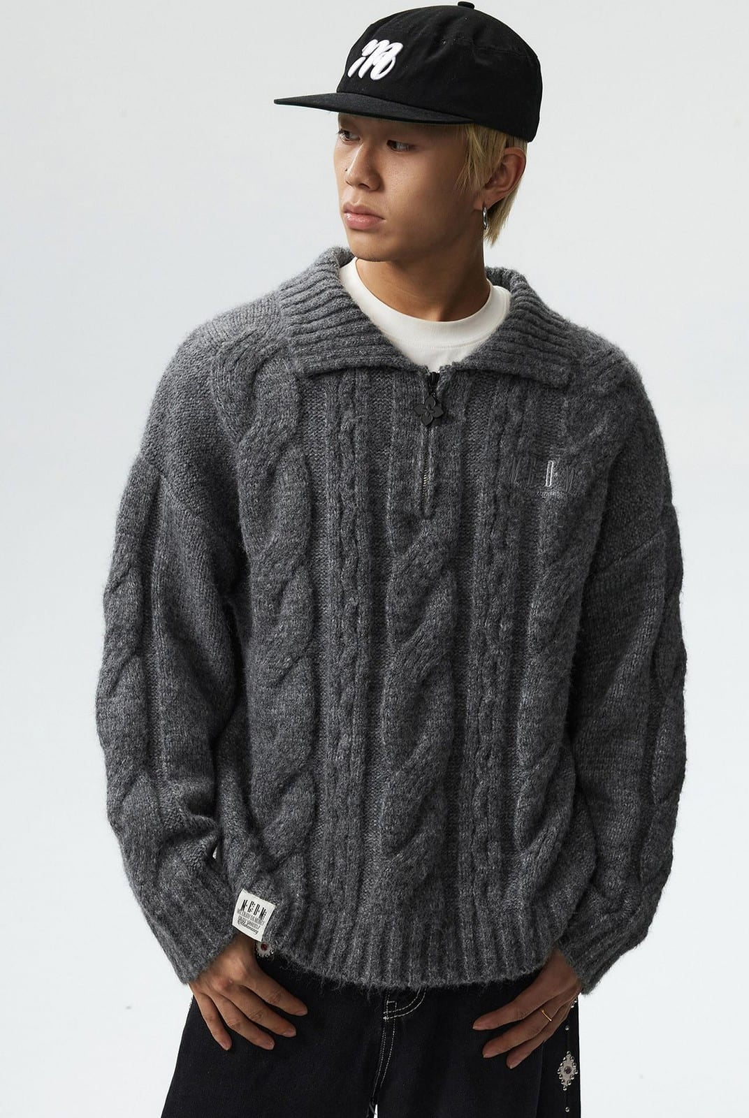 MEDM Cable Knit Quarter Zip Sweater in Gray - On Male Model