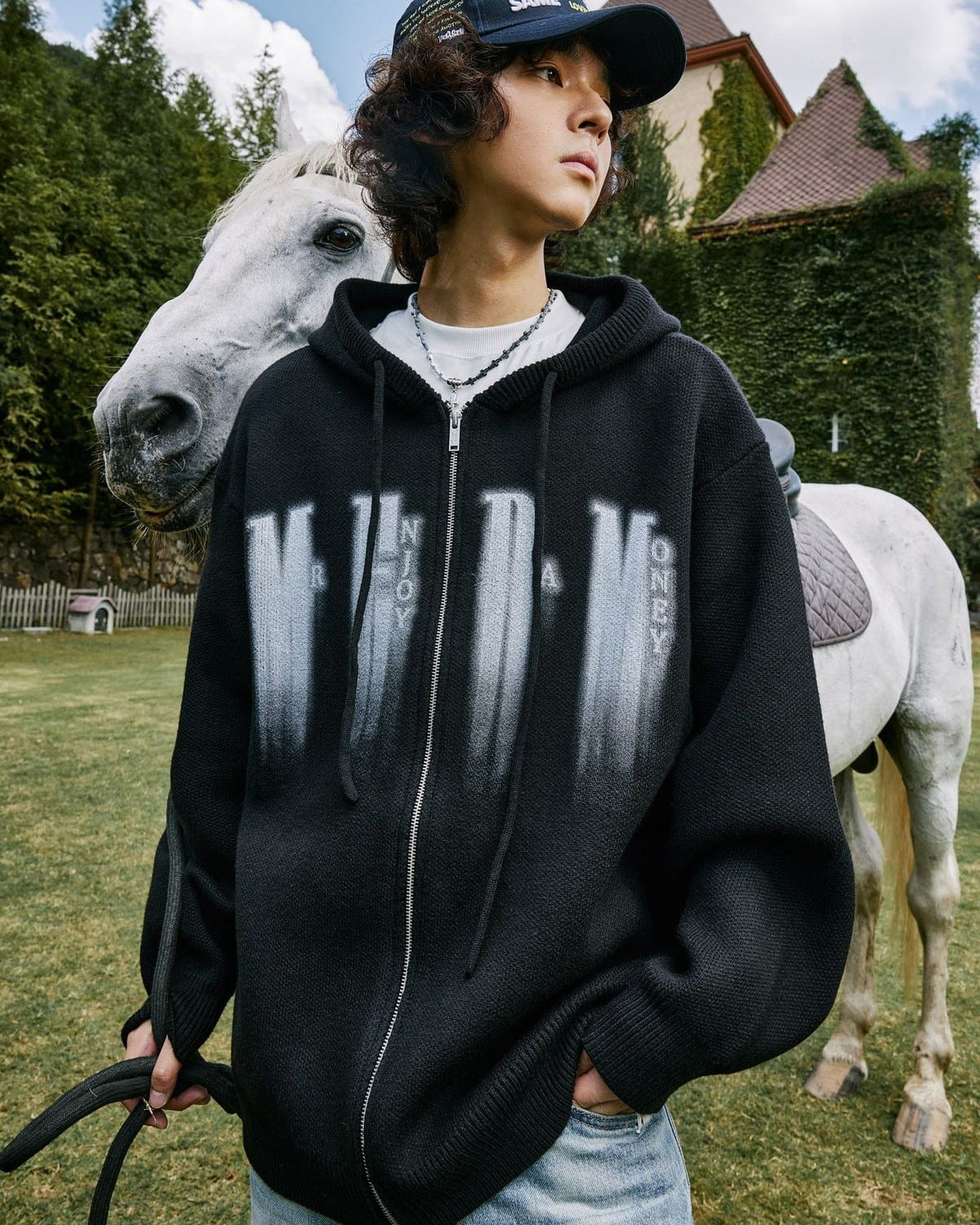 MEDM Zip Up Hooded Knit Cardigan in Black - On Male Model