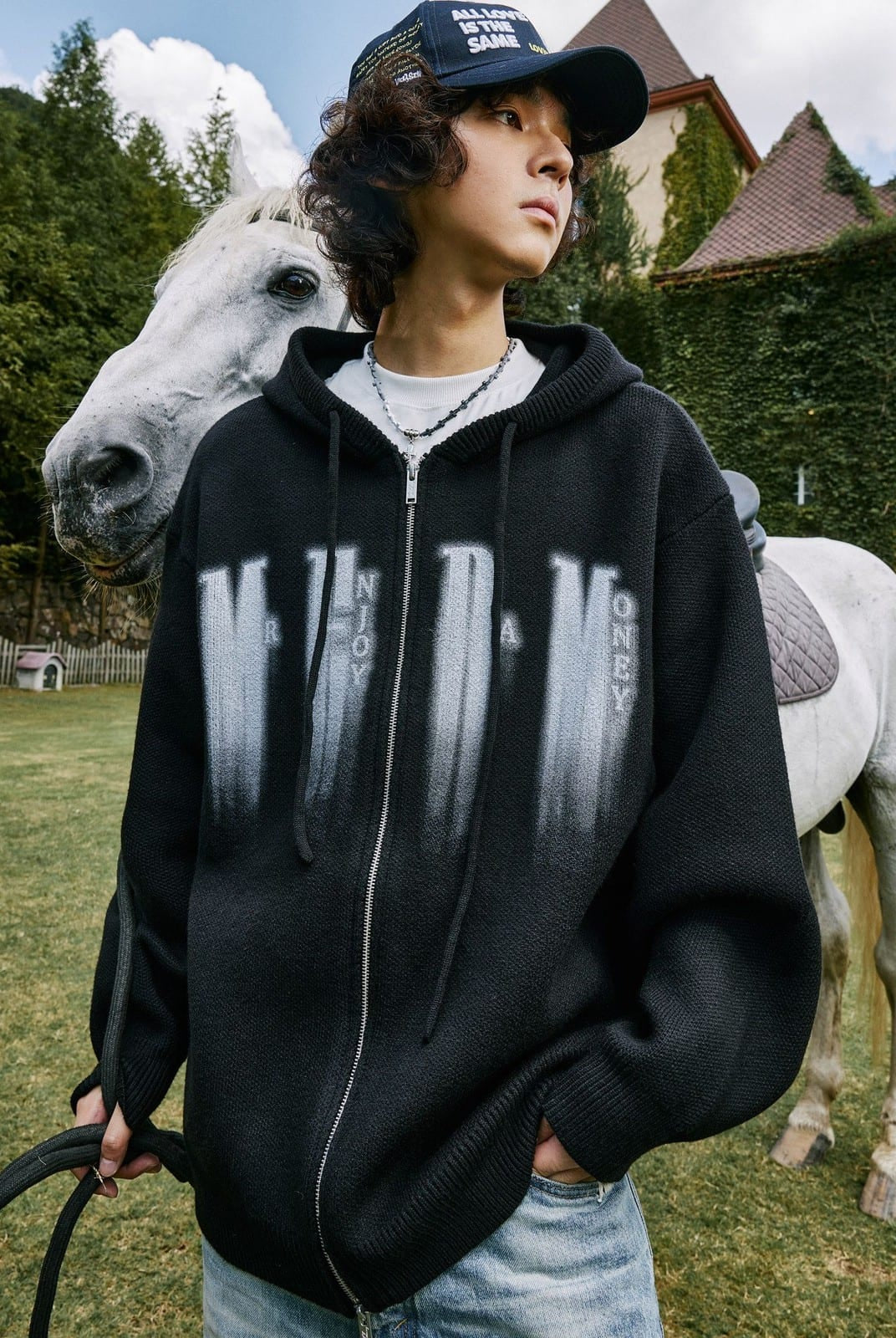 MEDM Zip Up Hooded Knit Cardigan in Black - On Male Model