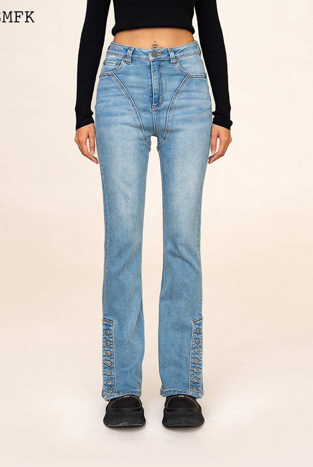 SMFK High Stretch Biker Flare Jeans in Denim - On Female Model