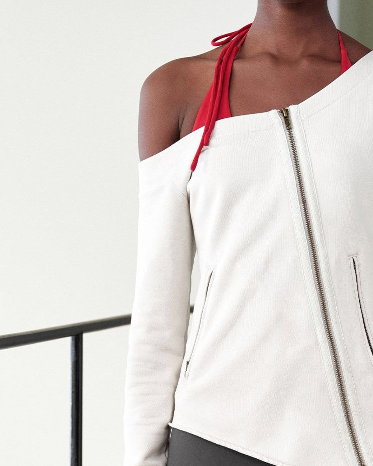 RARELY ALIKE Asymmetric Off Shoulder Sweatshirt in White - On Female Model