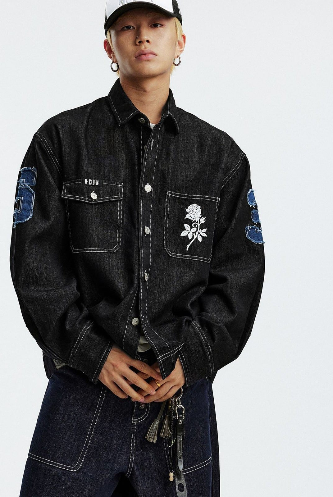 MEDM Lyocell Blend Logo Patch Denim Jacket in Denim - On Male Model