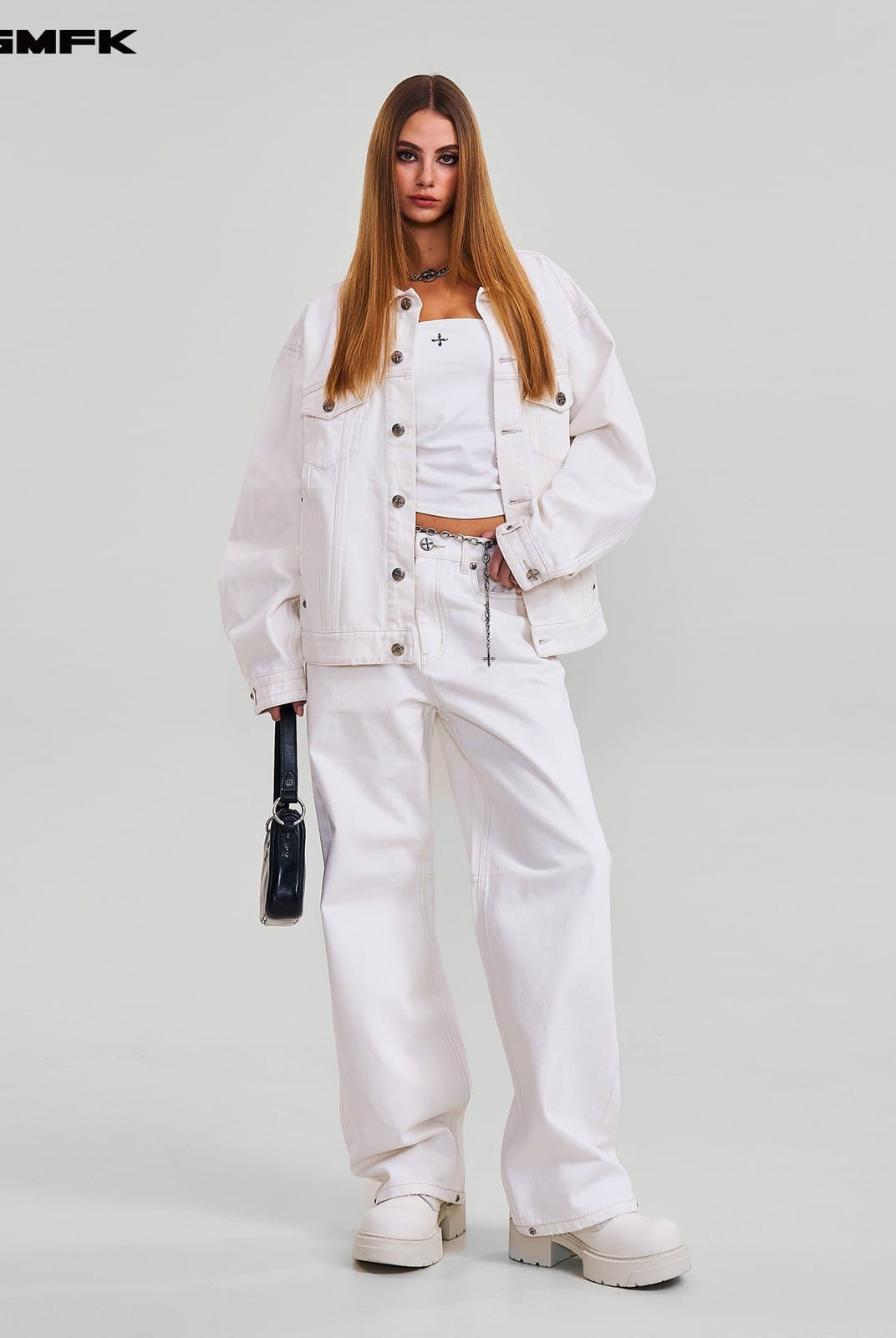 SMFK Washed Wide Leg Denim Jeans in White - On Female Model