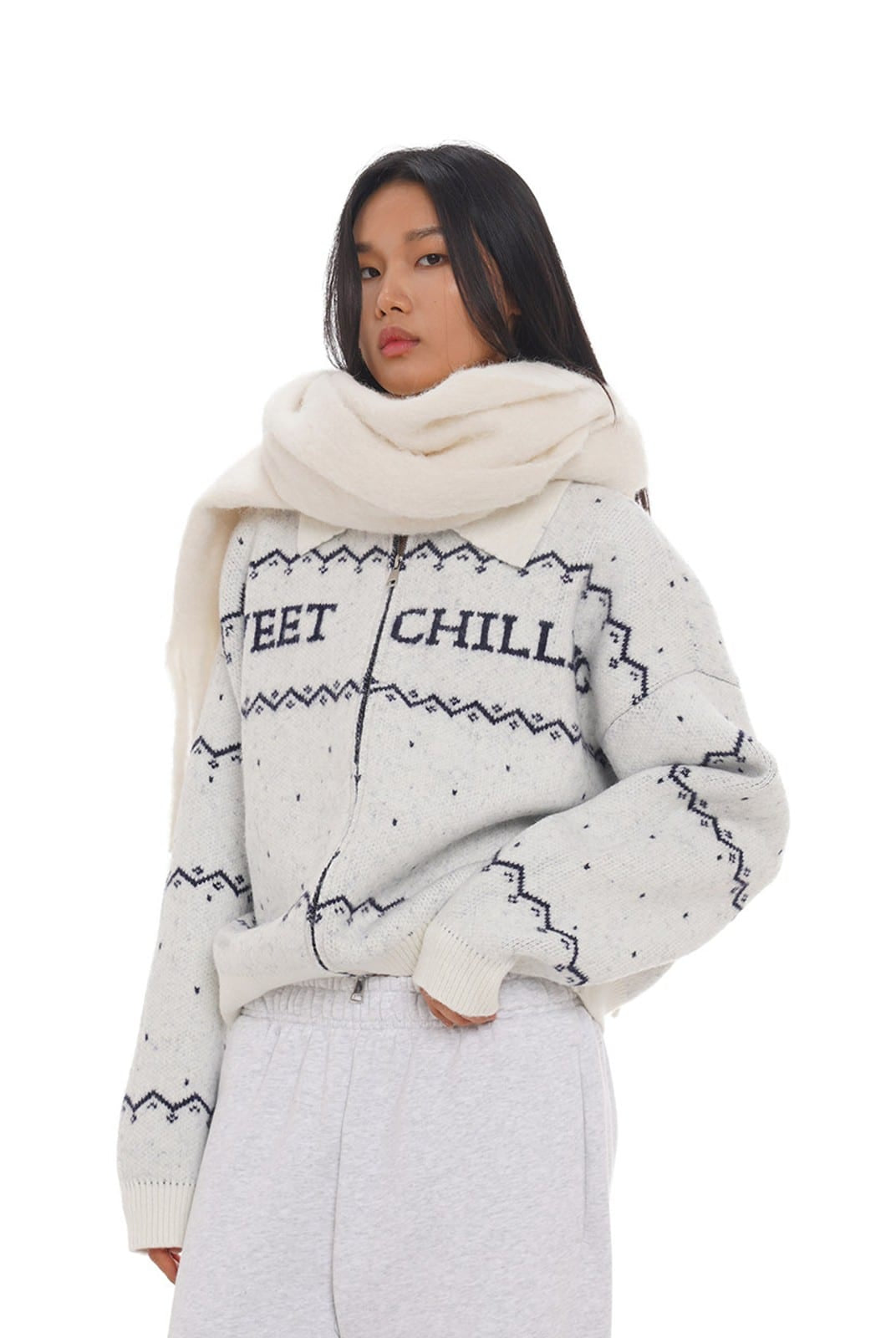 SweetChilling Fair Isle Zip Up Knit Jacket in White - On Female Model