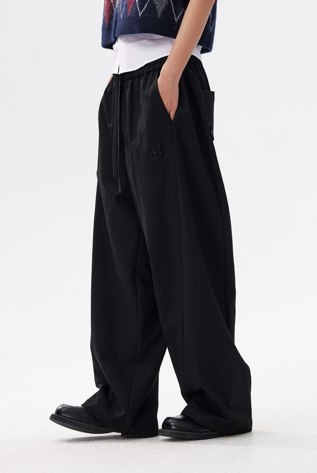 MEDM Spliced Drawstring Wide Leg Trousers in Black - On Model