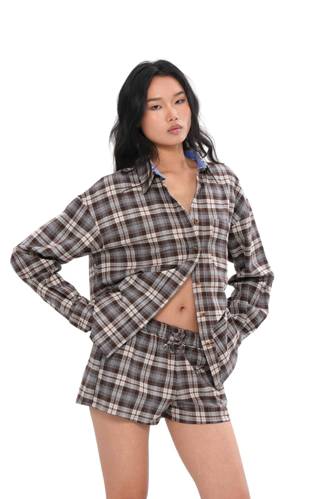 SweetChilling Relaxed Plaid Button Down Shirt in Brown - On Female Model