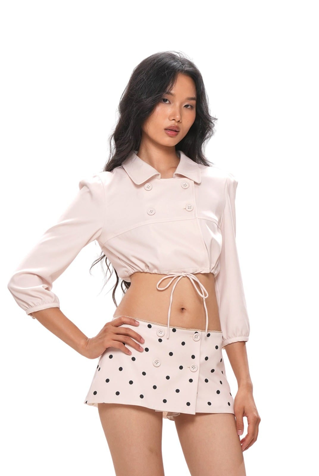 SweetChilling Double Breasted Tie Hem Crop Top in White - On Female Model
