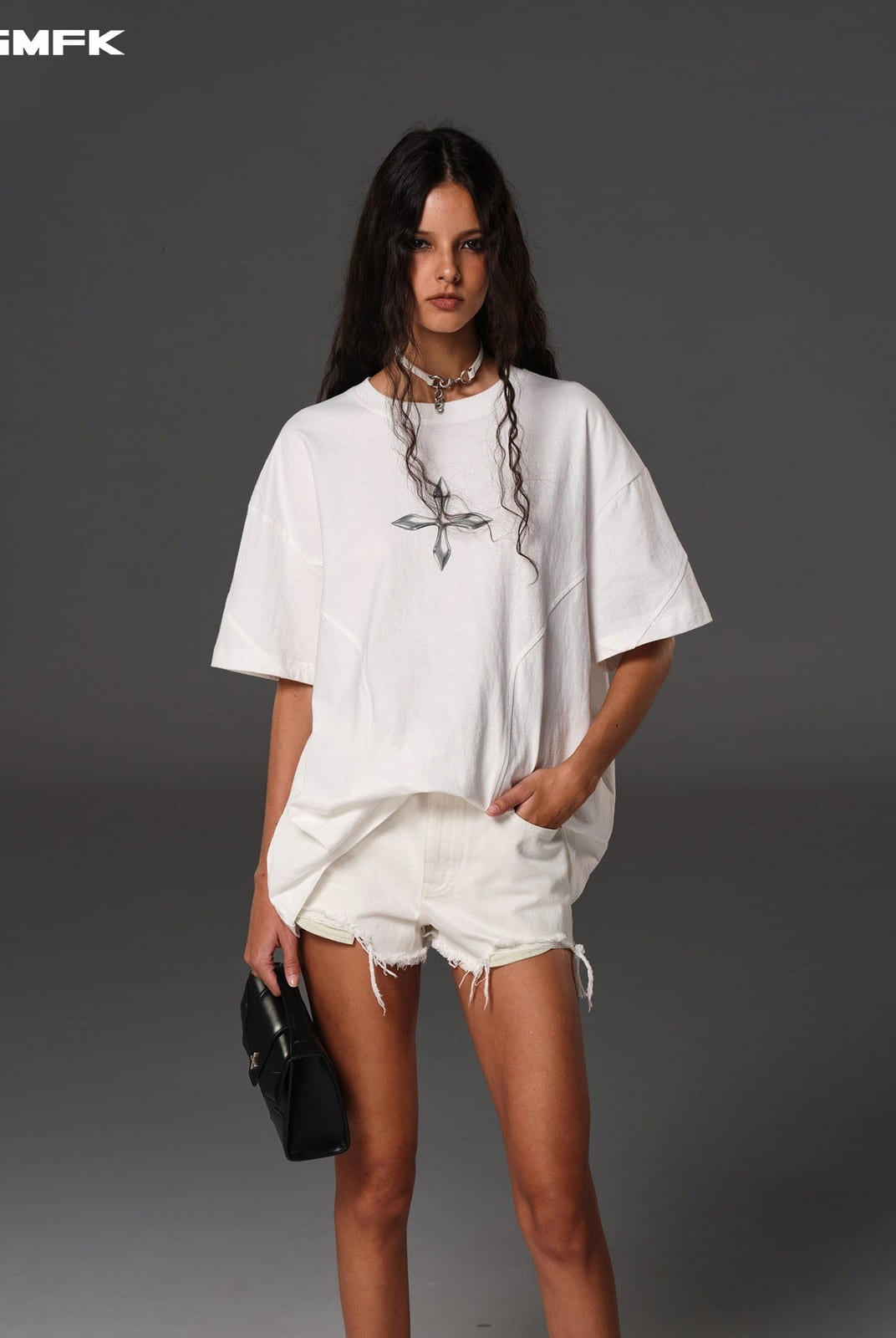 SMFK Oversized Cotton Graphic T Shirt in White - On Female Model