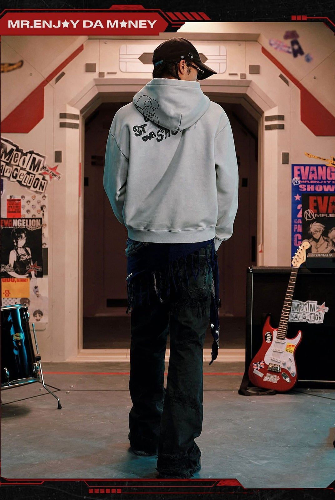 MEDM Evangelion Distressed Zip Up Hoodie in Gray - On Model