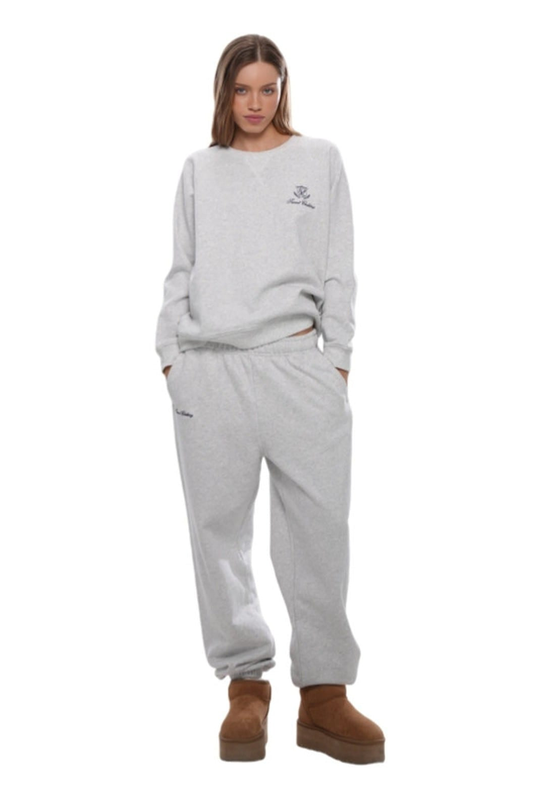 SweetChilling Embroidered Logo Cotton Sweatshirt in Heather Gray - On Female Model