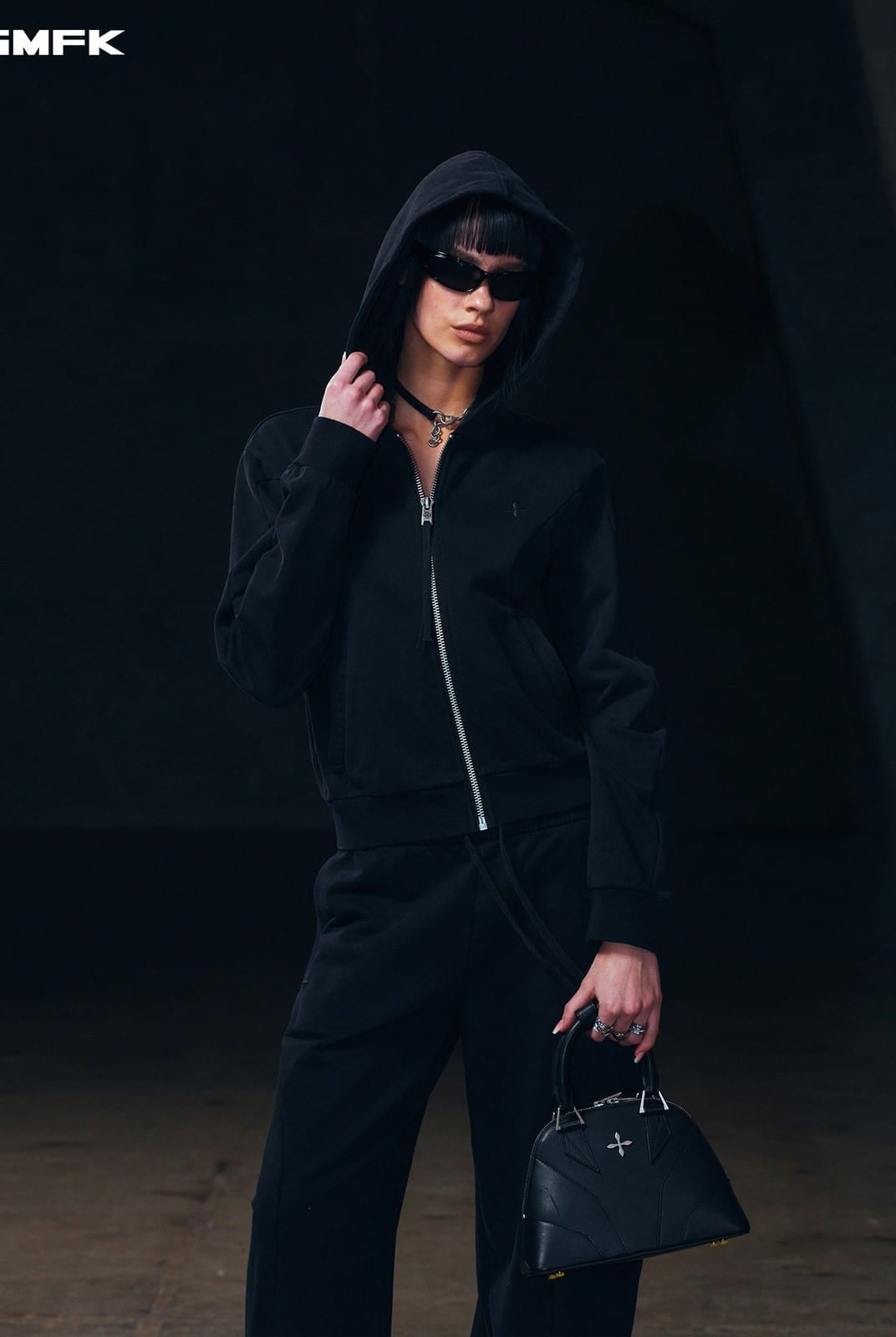 SMFK Embroidered Cropped Zip Up Hoodie in Black - On Female Model