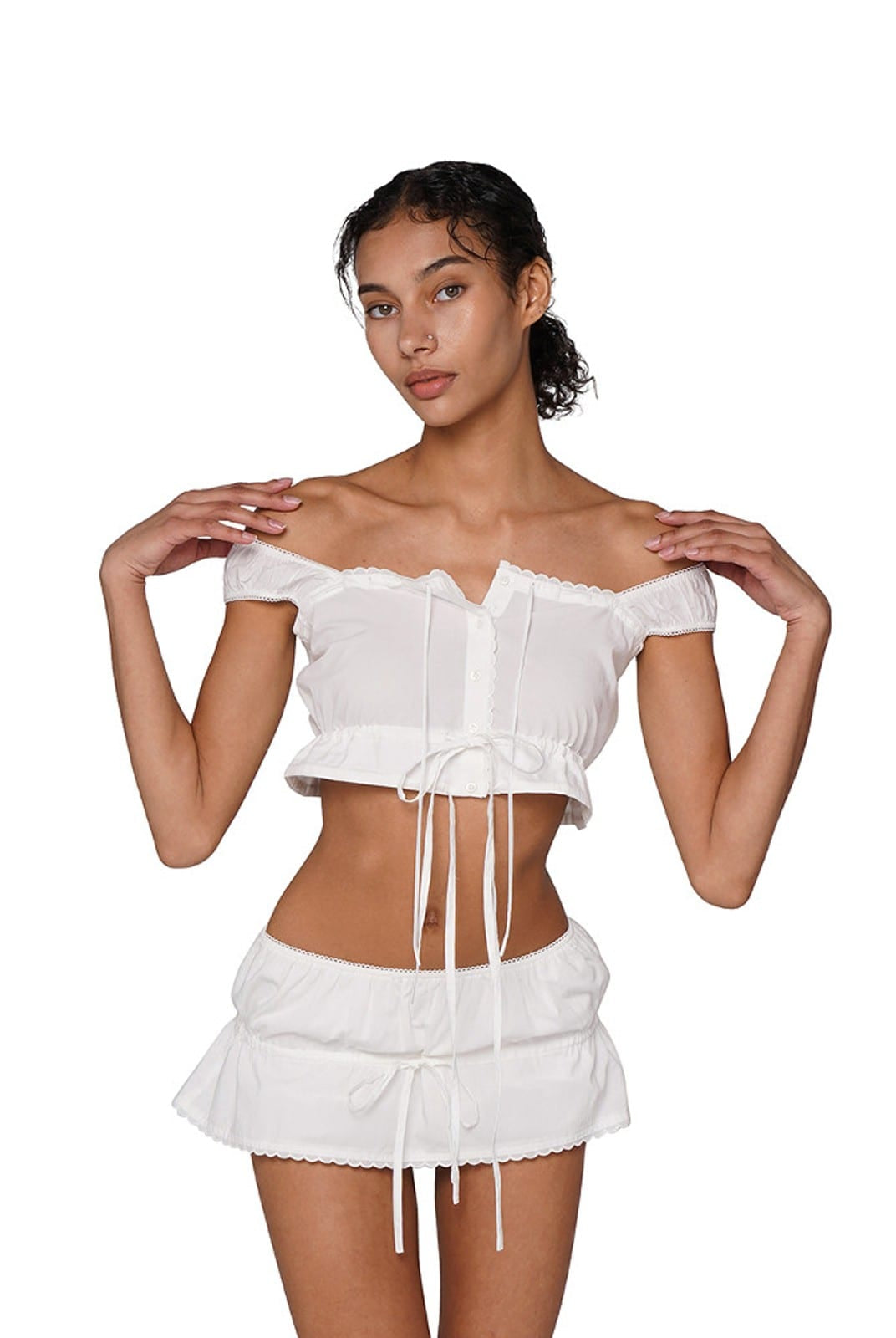 SweetChilling Tie Front Ruffled Mini Skirt in White - On Female Model