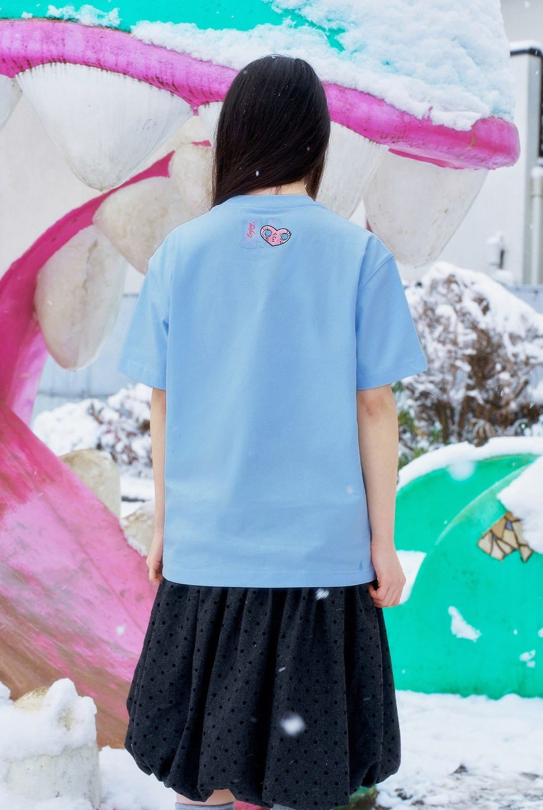 MEDM Embroidered Heart Cotton T Shirt in Sky Blue - On Model