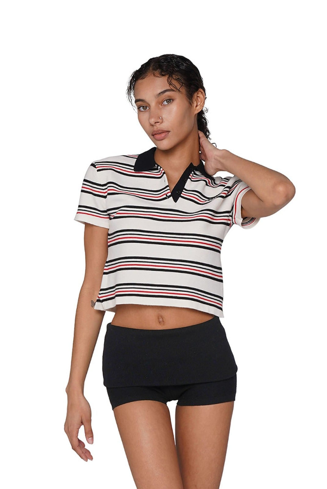 SweetChilling Fold Over Ribbed Knit Shorts in Black - On Female Model