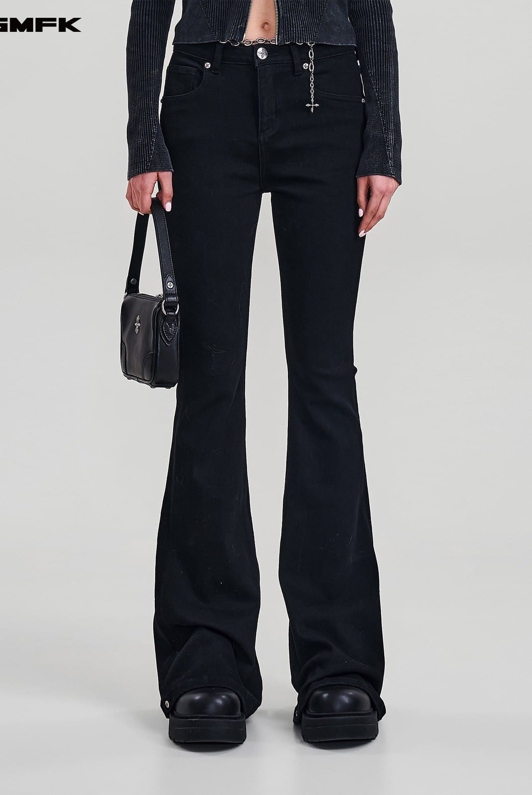 SMFK Stretch Cotton Blend Flared Jeans in Black - On Female Model