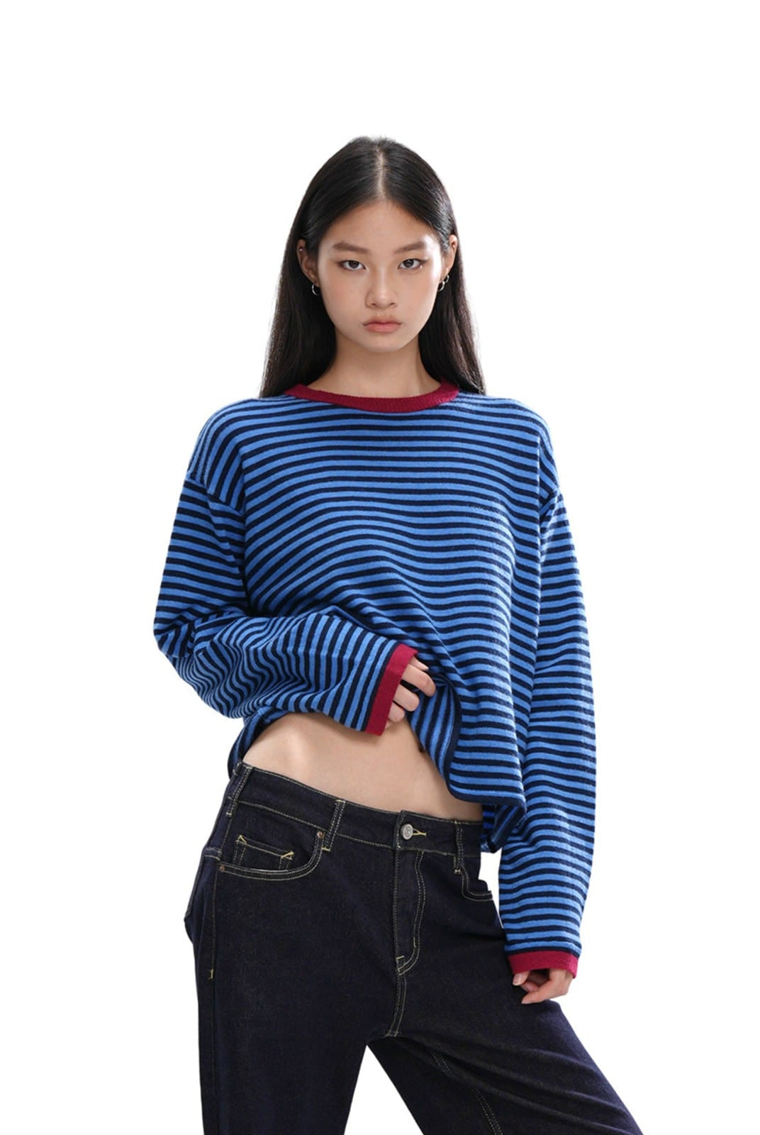SweetChilling Striped Wool Blend Crewneck Sweater in Blue - On Female Model