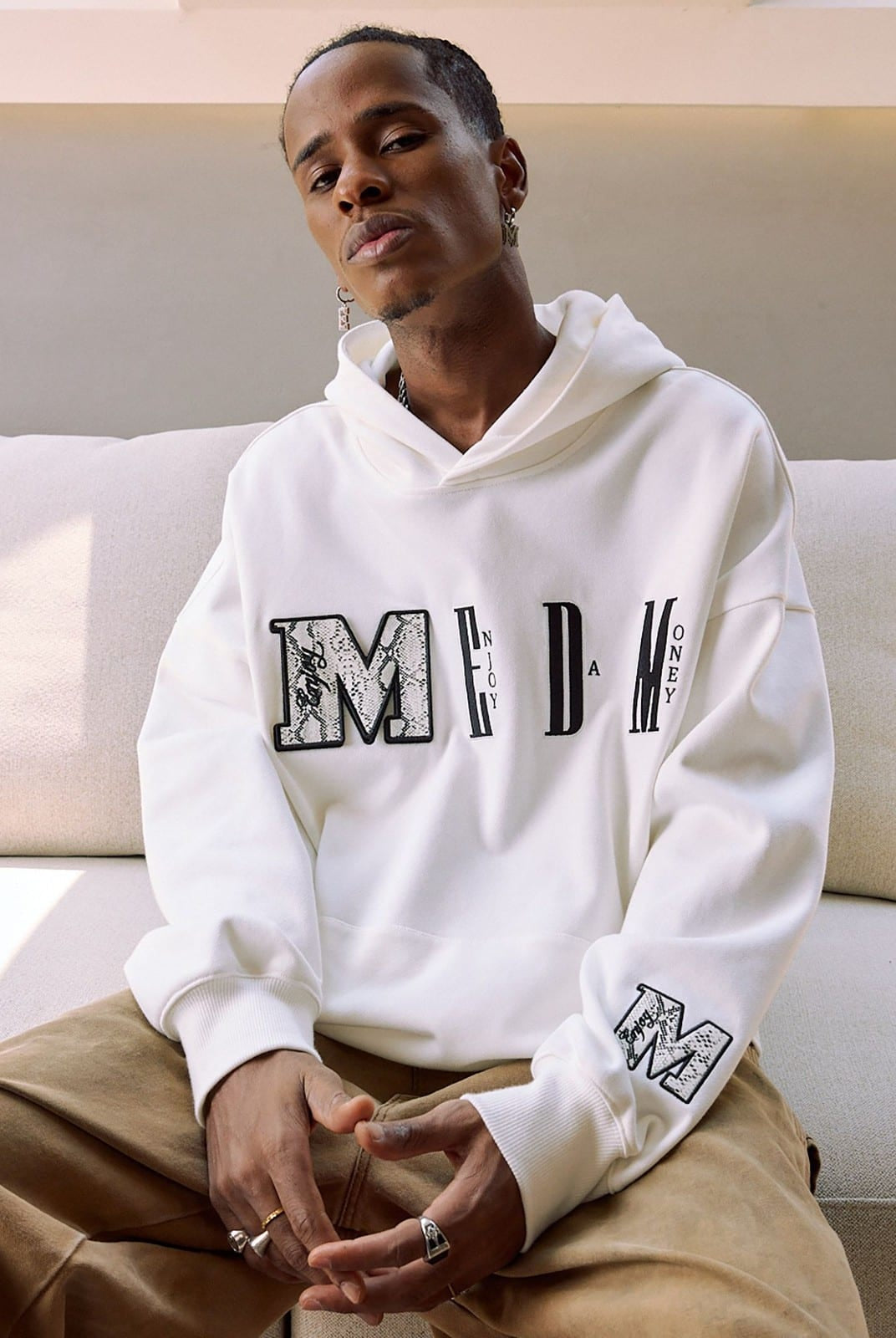MEDM Animal Print Logo Pullover Hoodie in White - On Male Model