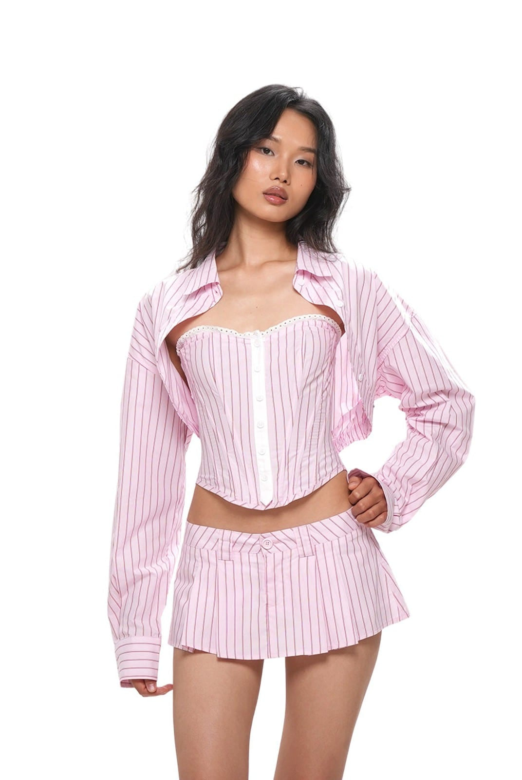 SweetChilling Striped Pleated Mini Skirt in Pink - On Female Model