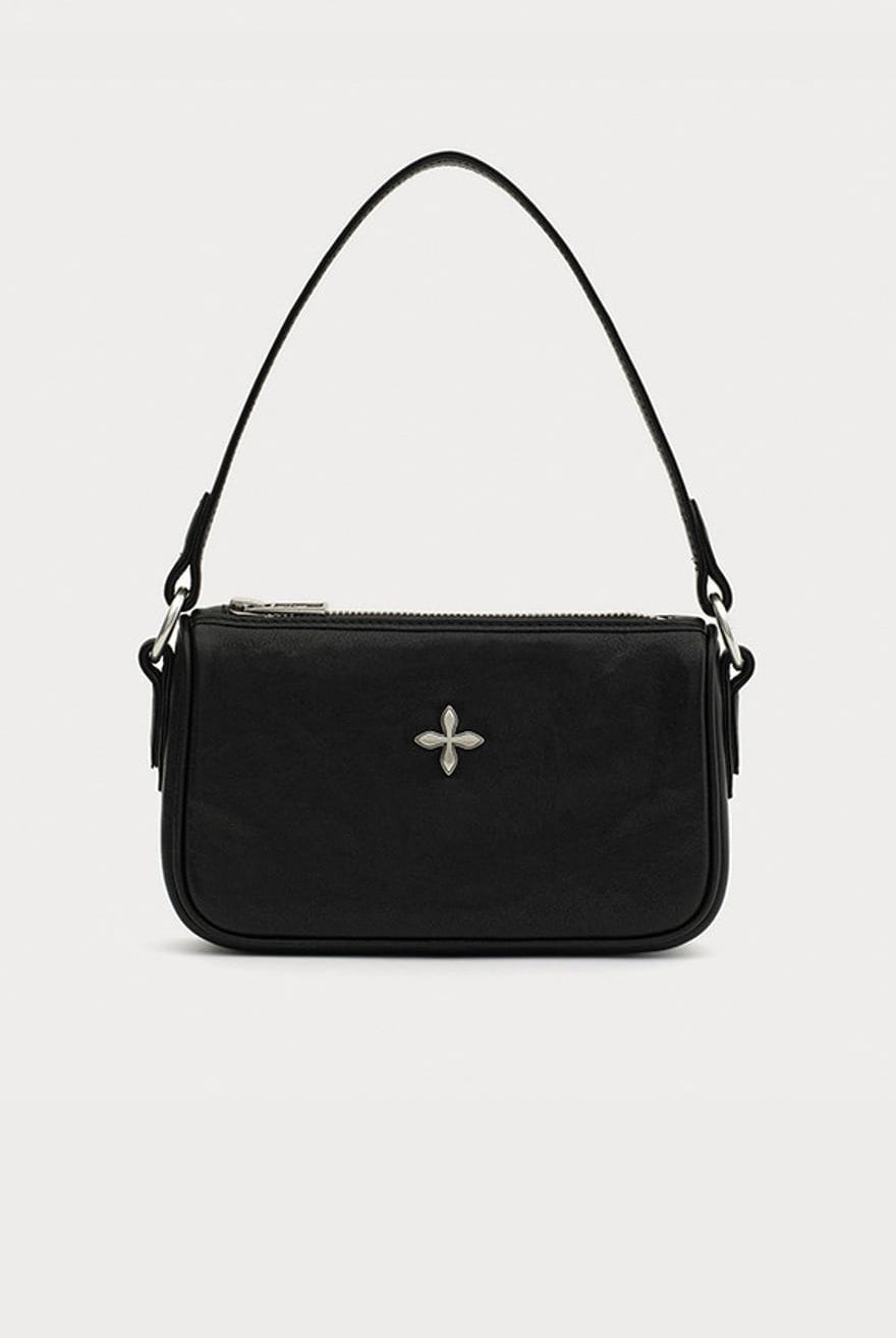 SMFK Cross Badge Leather Shoulder Bag in Black
