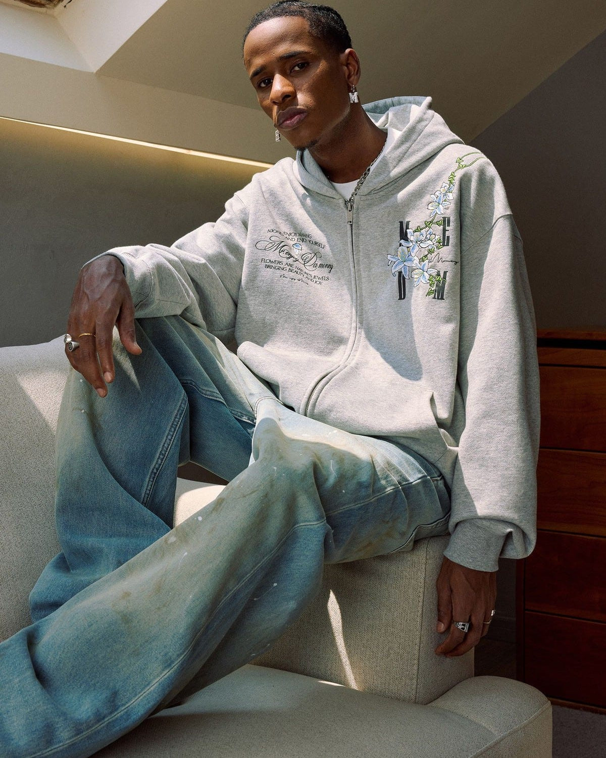 MEDM Floral Embroidered Zip Up Hoodie in Gray - On Male Model