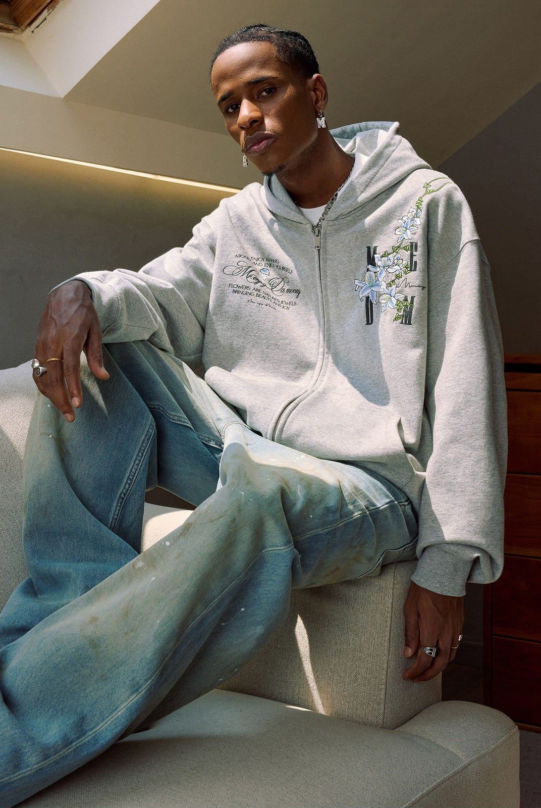 MEDM Floral Embroidered Zip Up Hoodie in Gray - On Male Model