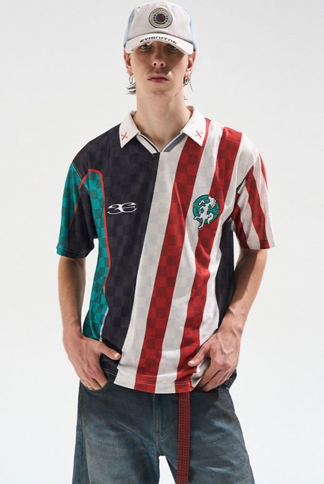 BLINDNOPLAN Digital Print Color Block Jersey Polo in Black - On Male Model