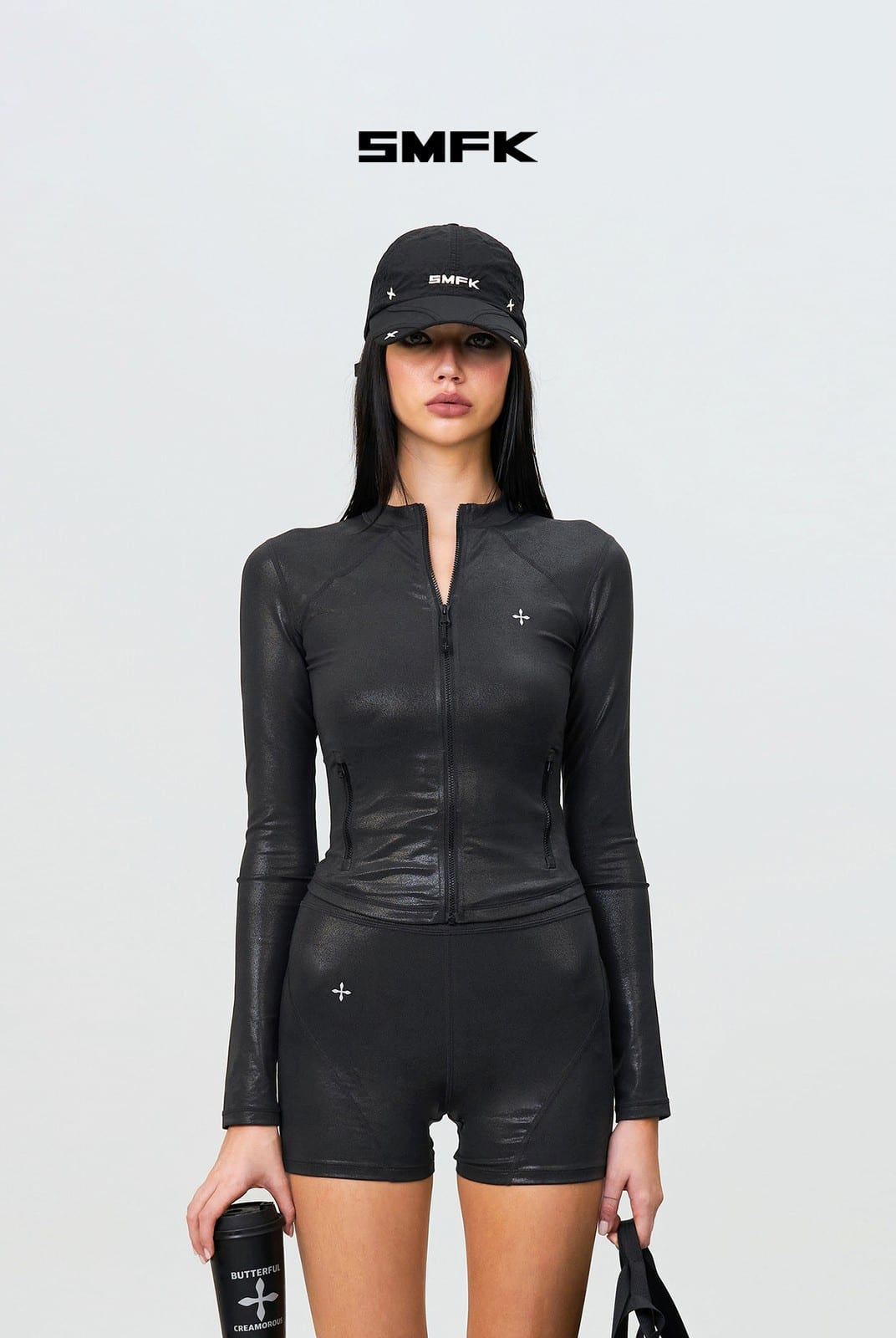 SMFK Zip Front Stand Collar Active Jacket in Gray - On Female Model