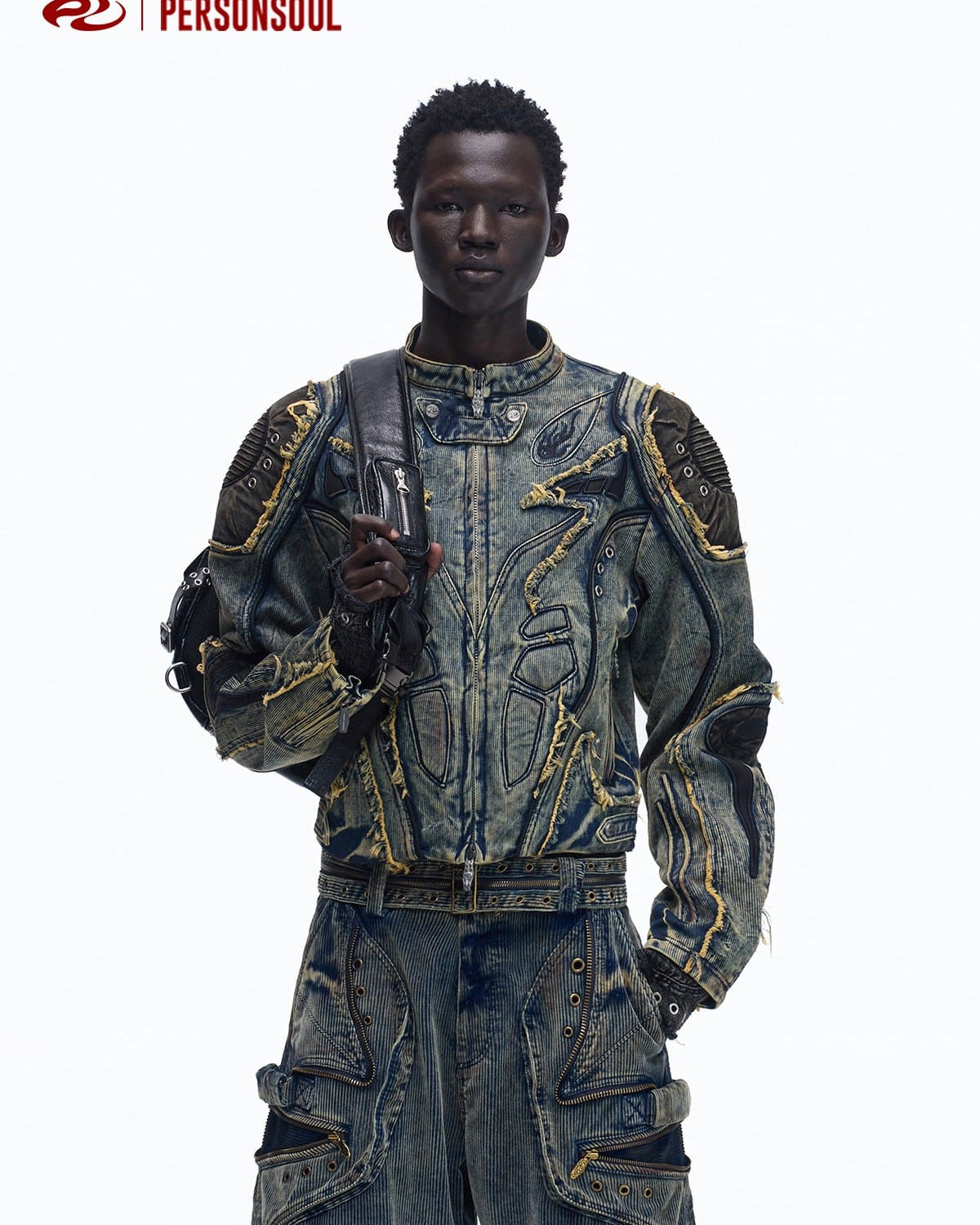 PERSONSOUL Embroidered Denim Racing Jacket in Blue - On Male Model