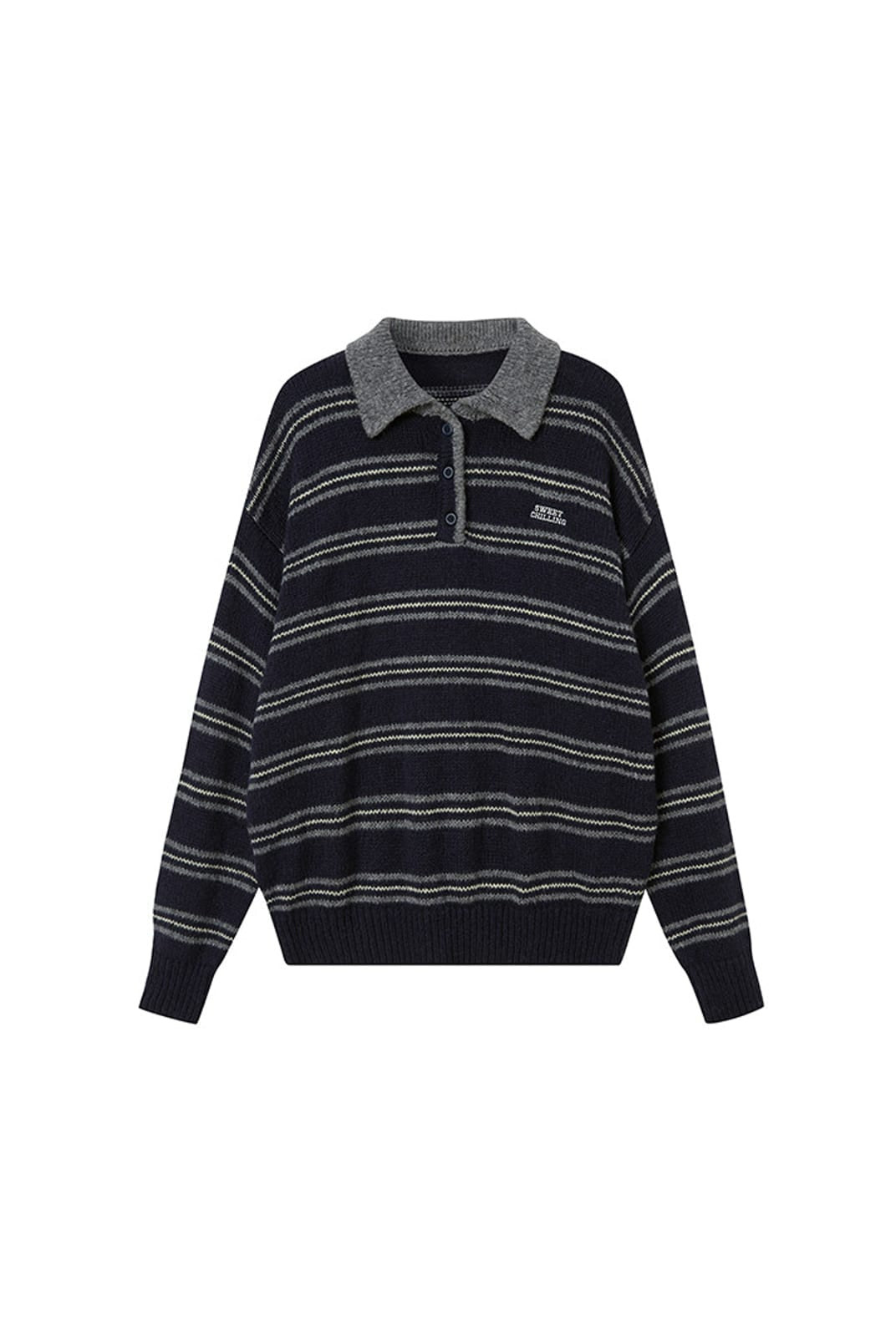 SweetChilling Striped Lambswool Blend Polo Sweater in Navy Blue