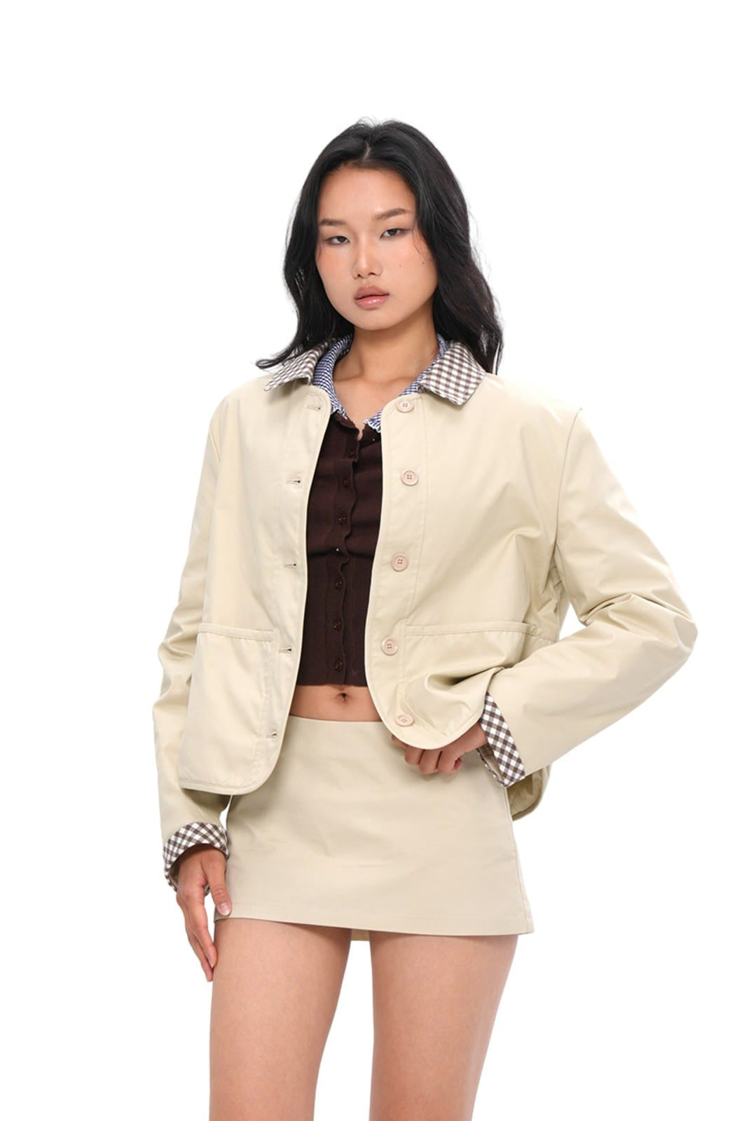 SweetChilling Structured Cotton Mini Skirt in Beige - On Female Model