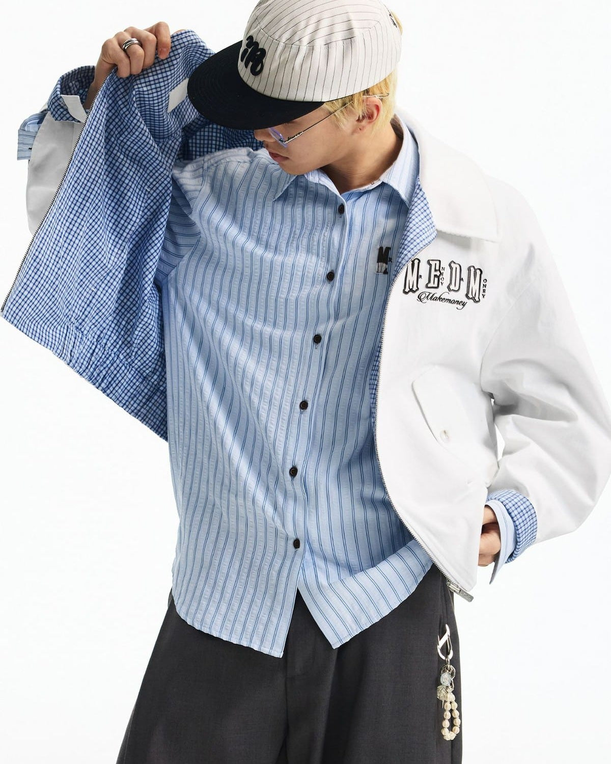MEDM Reversible Cotton Zip Up Barn Jacket in White - On Male Model