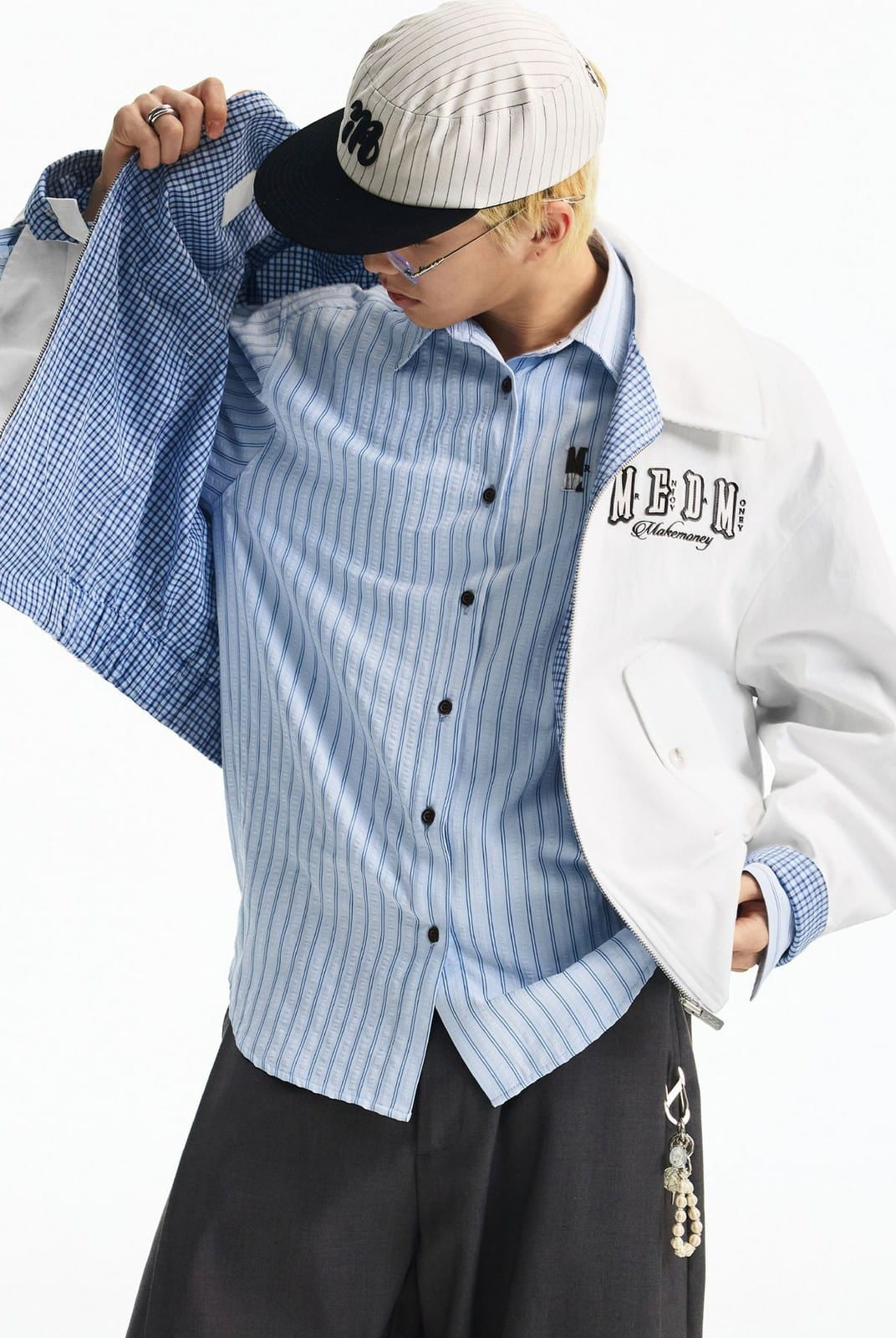 MEDM Reversible Cotton Zip Up Barn Jacket in White - On Male Model