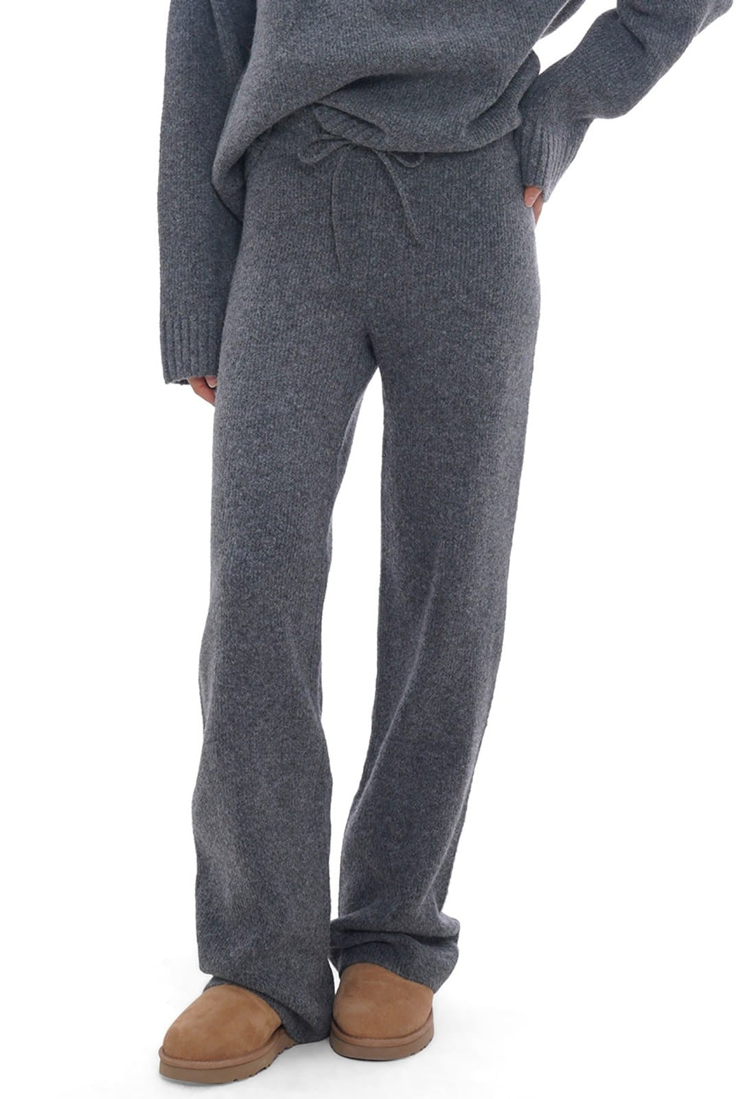 SweetChilling Knit Wide Leg Drawstring Pants in Dark Gray - On Female Model
