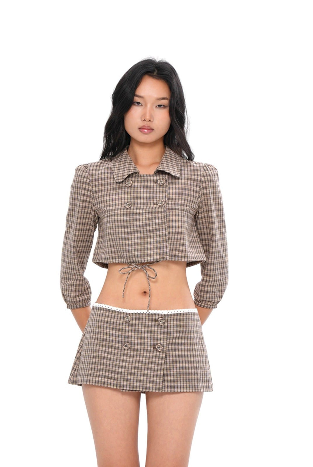 SweetChilling Plaid Lace Trim Double Breasted Shorts in Brown - On Female Model