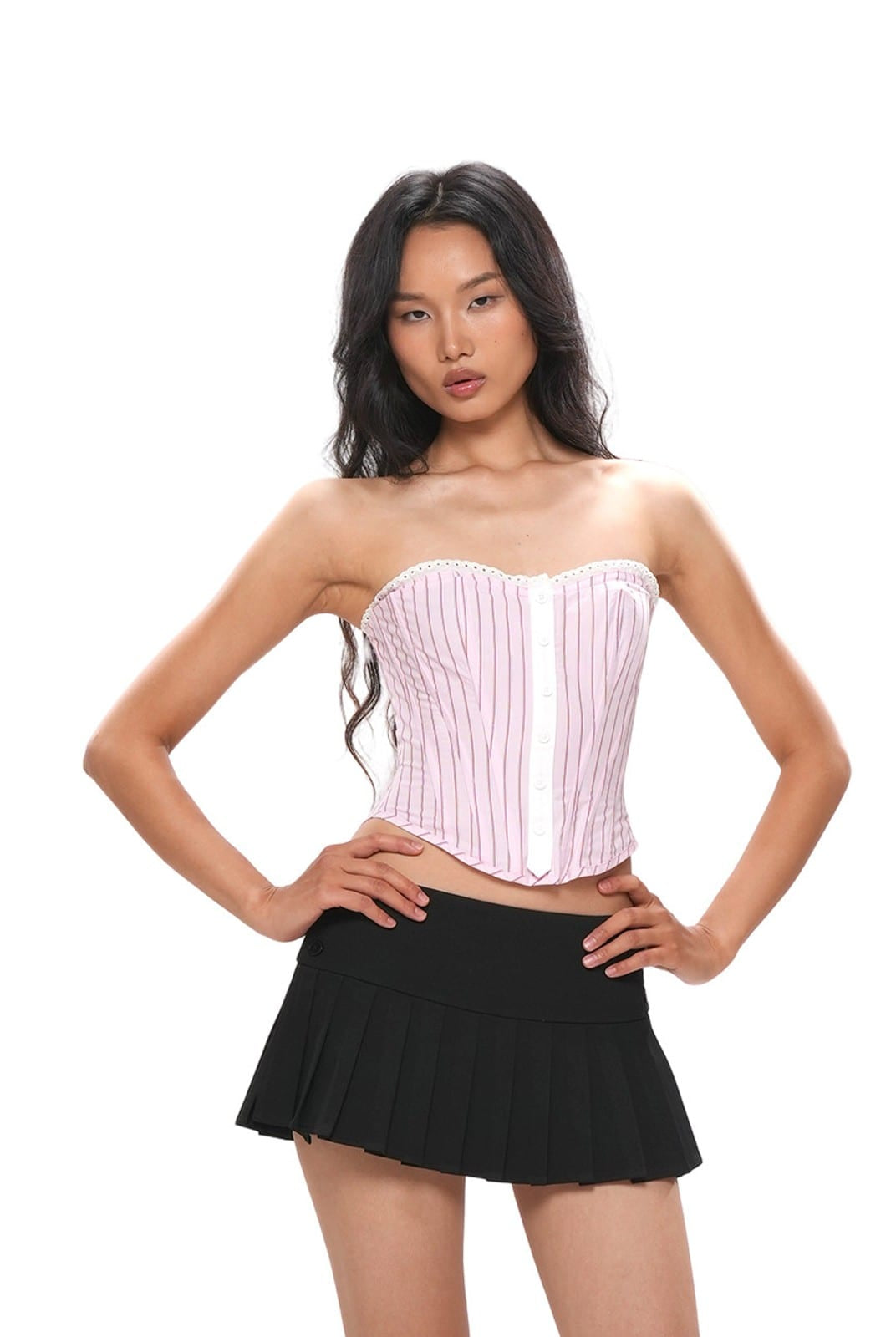 SweetChilling Striped Strapless Corset Top in Pink - On Female Model