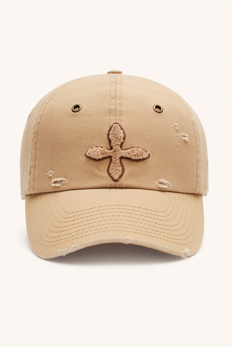 SMFK Distressed Cross Embroidered Baseball Cap in Beige