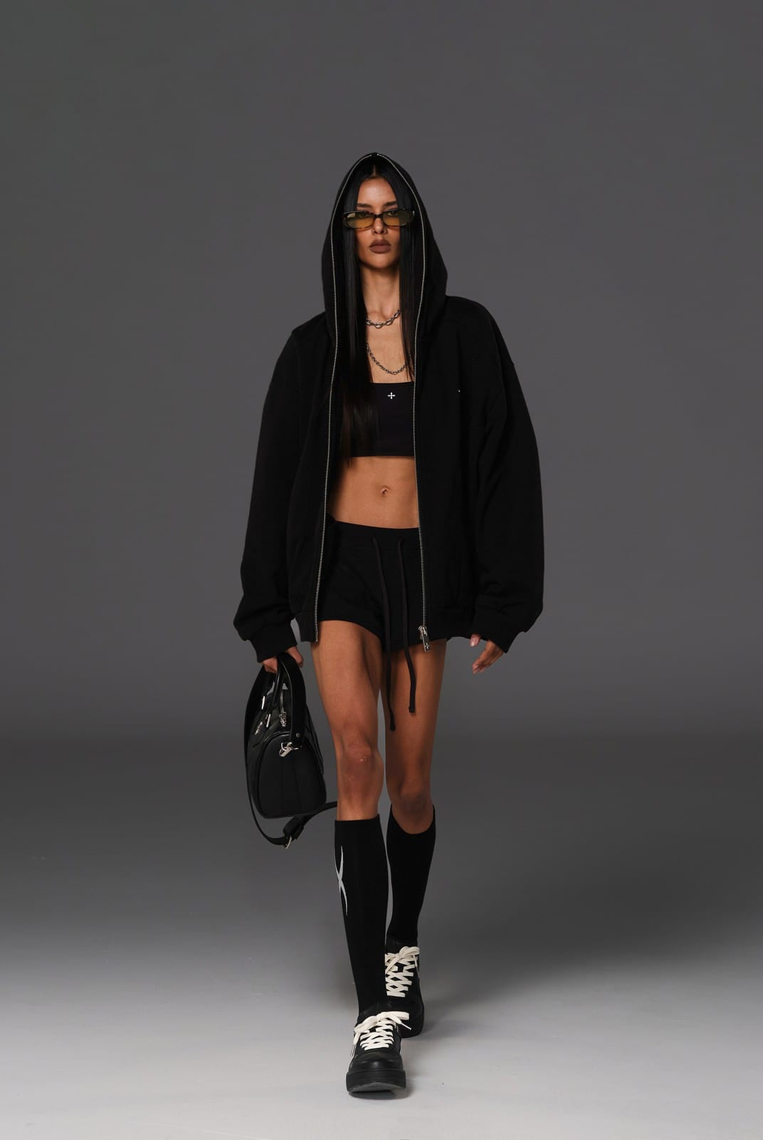 SMFK Cotton Wool Oversized Zip Up Hoodie in Black - On Female Model