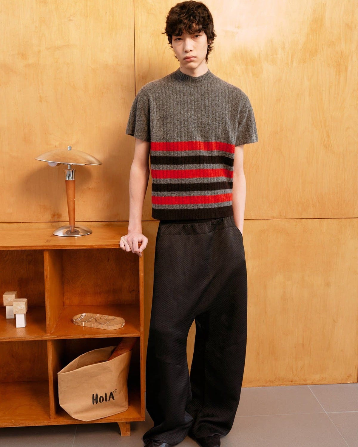 JCAESAR STUDIO Block Striped Brushed Knit T Shirt in Gray - On Male Model