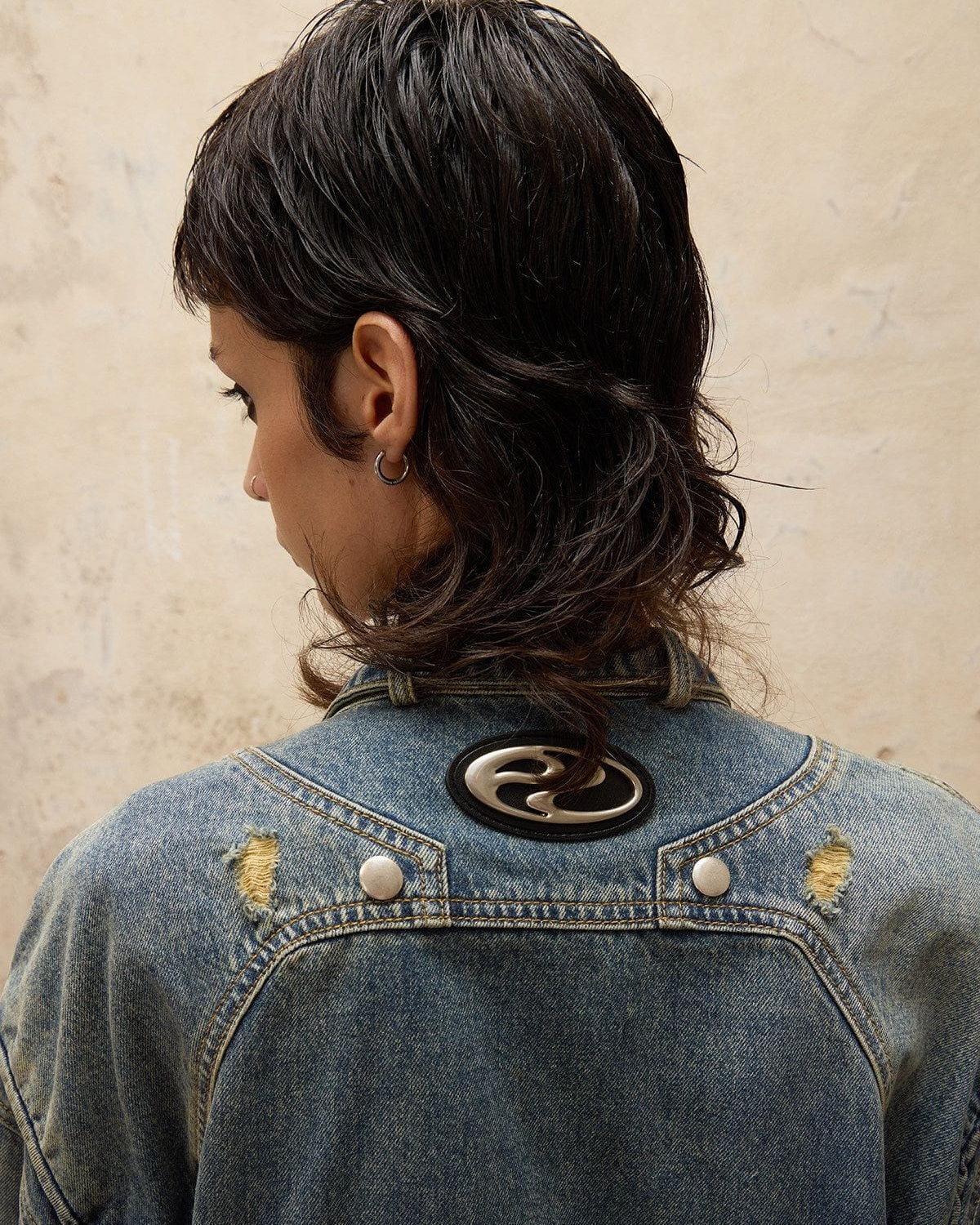PERSONSOUL Gradient Distressed Denim Jacket in Denim - On Model