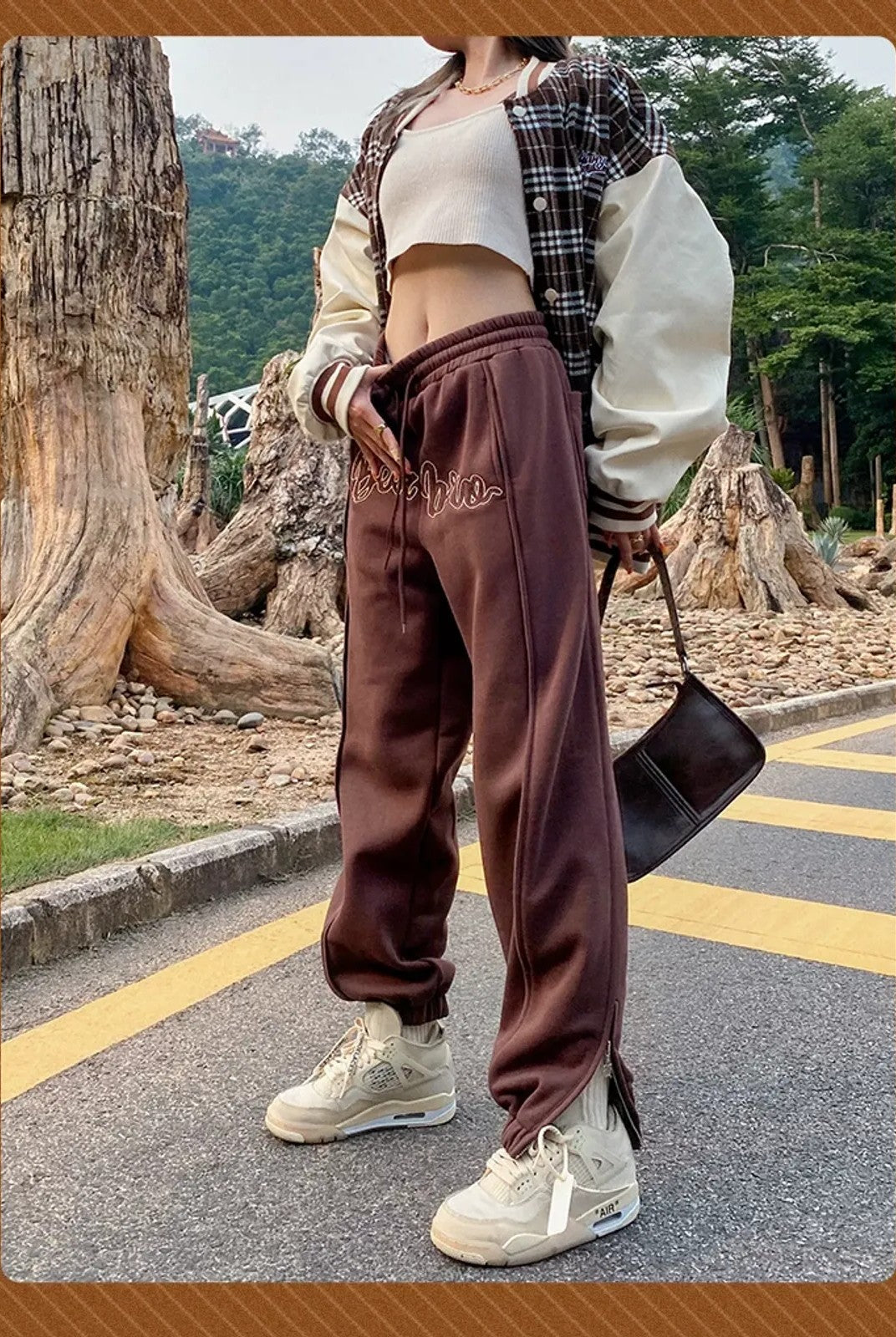 BeerBro Fleece Lined Split Hem Sweatpants in Brown - On Female Model