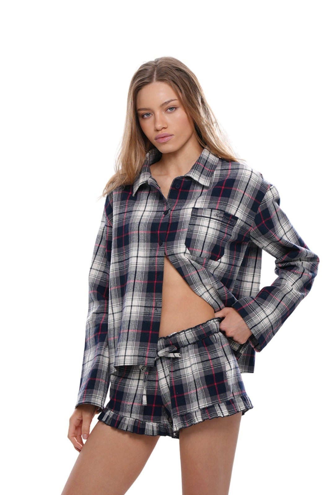 SweetChilling Plaid Ruffle Lounge Shorts in White - On Female Model