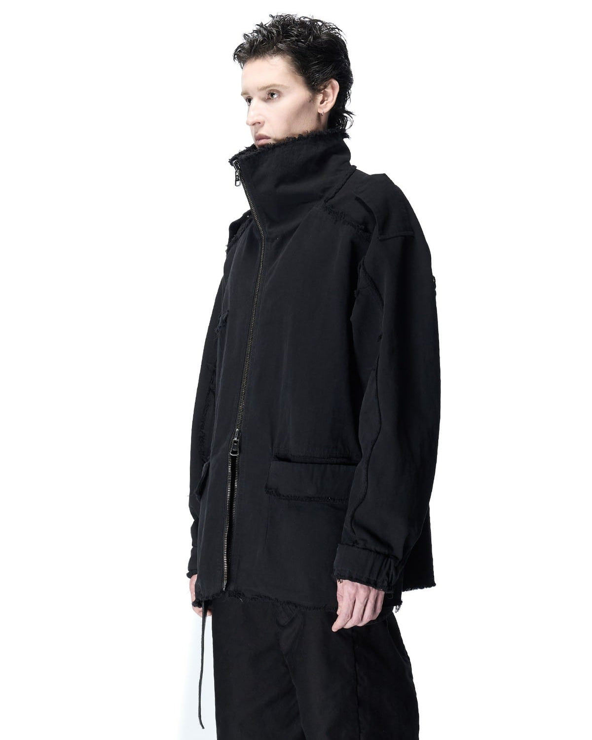 D5ove Distressed Multi Pocket Military Jacket in Black - On Male Model
